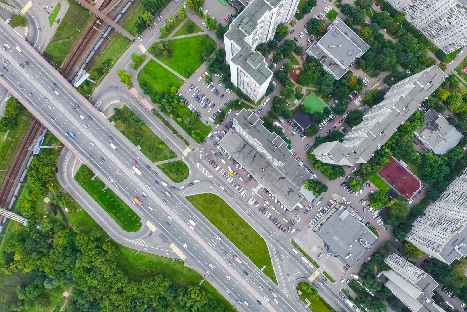 Top view of the city of Moscow, buildings and roads and other infrastructure of the city. Cityscape view from above.