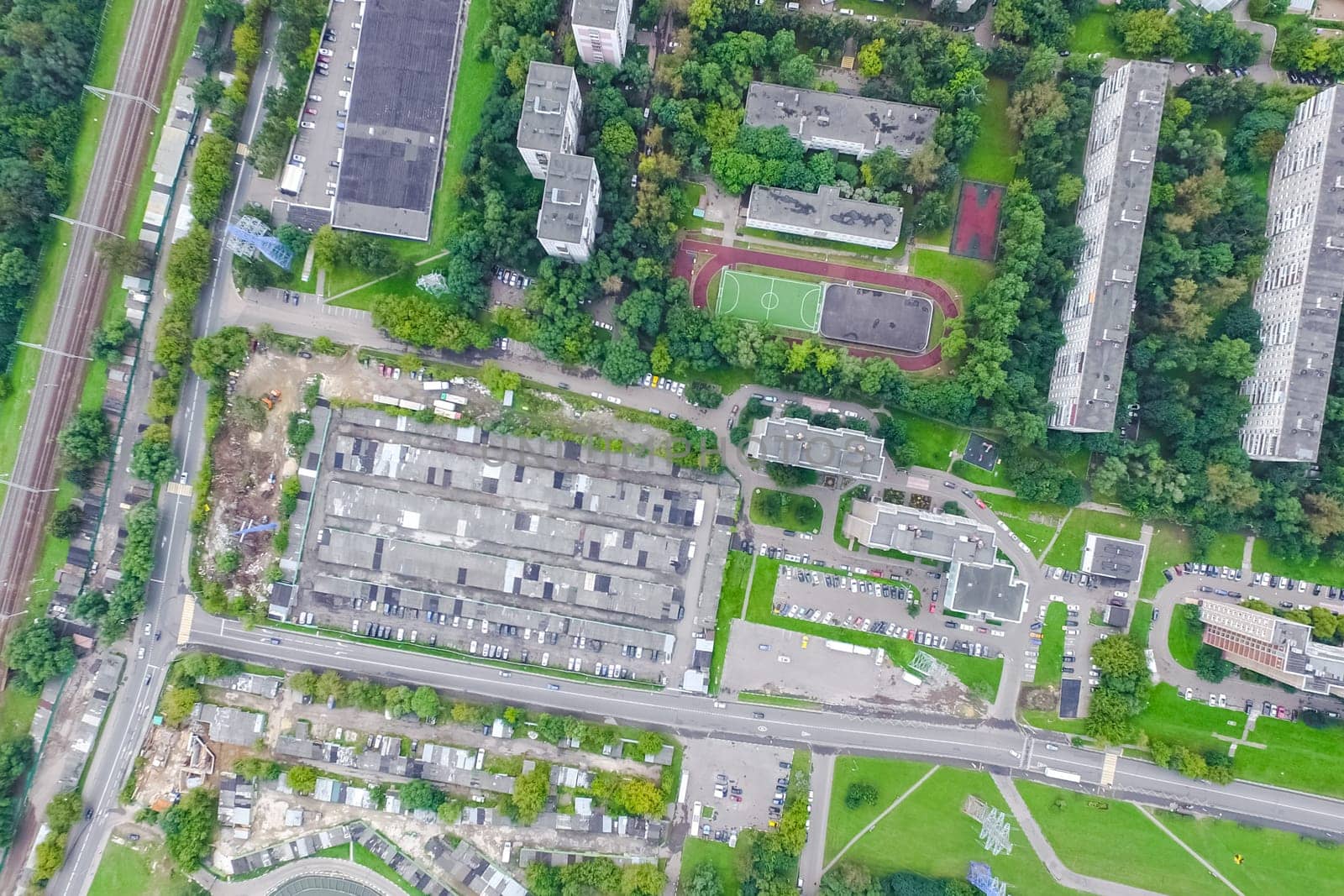 Top view of the city of Moscow, buildings and roads and other infrastructure of the city. Cityscape view from above.