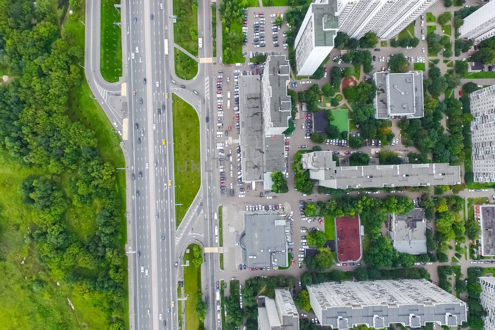 Top view of the city of Moscow, buildings and roads and other infrastructure of the city. Cityscape view from above.
