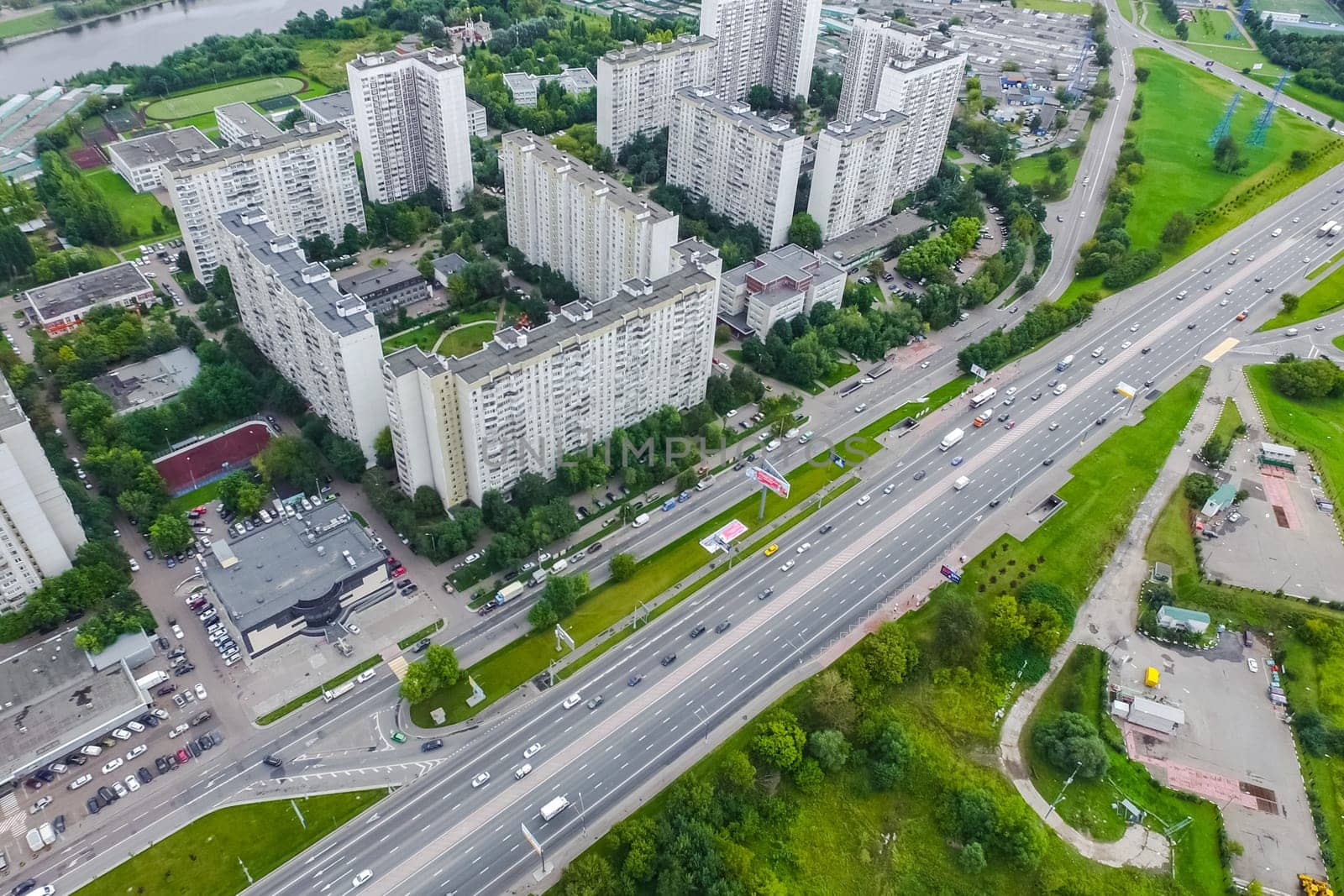 Top view of the city of Moscow, buildings and roads and other infrastructure of the city. Cityscape view from above.