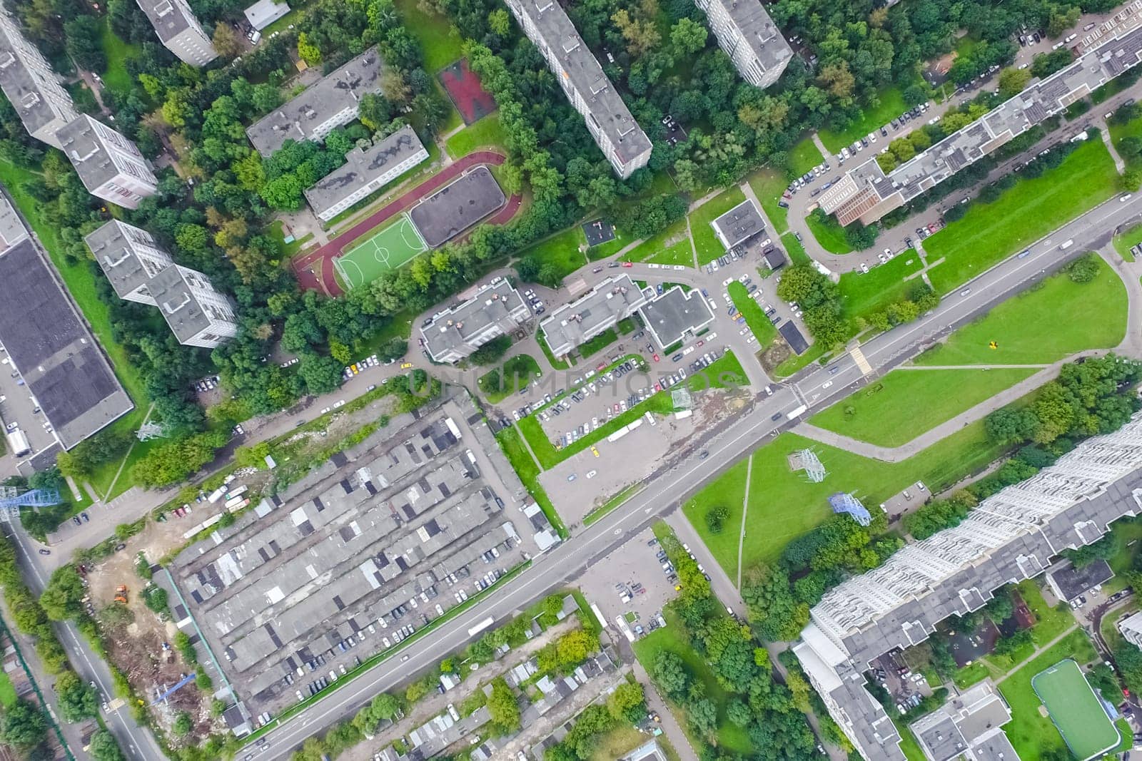 Top view of the city of Moscow, buildings and roads and other infrastructure of the city. Cityscape view from above.