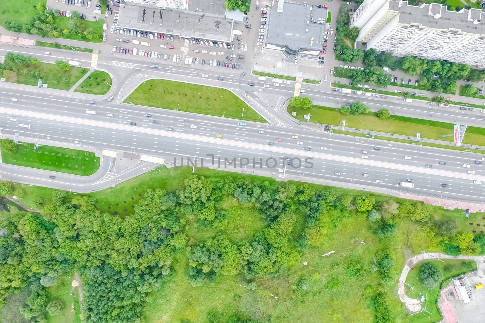 Top view of the city of Moscow, buildings and roads and other infrastructure of the city. Cityscape view from above.