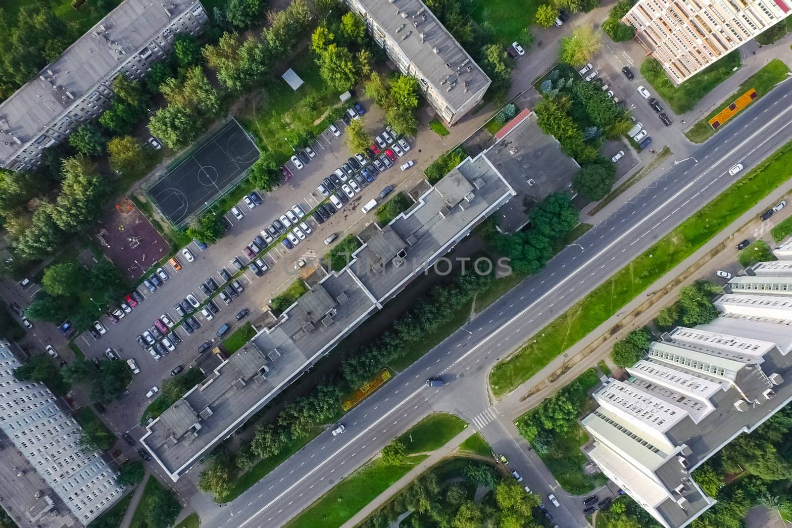Top view of the city of Moscow, buildings and roads and other infrastructure of the city. Cityscape view from above.