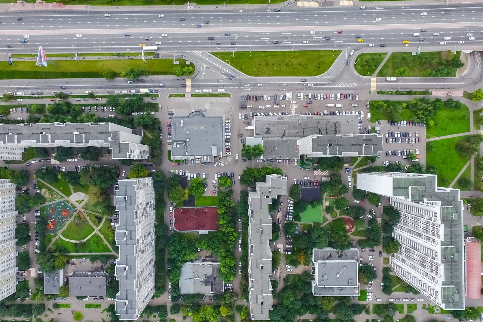 Top view of the city of Moscow, buildings and roads and other infrastructure of the city. Cityscape view from above.