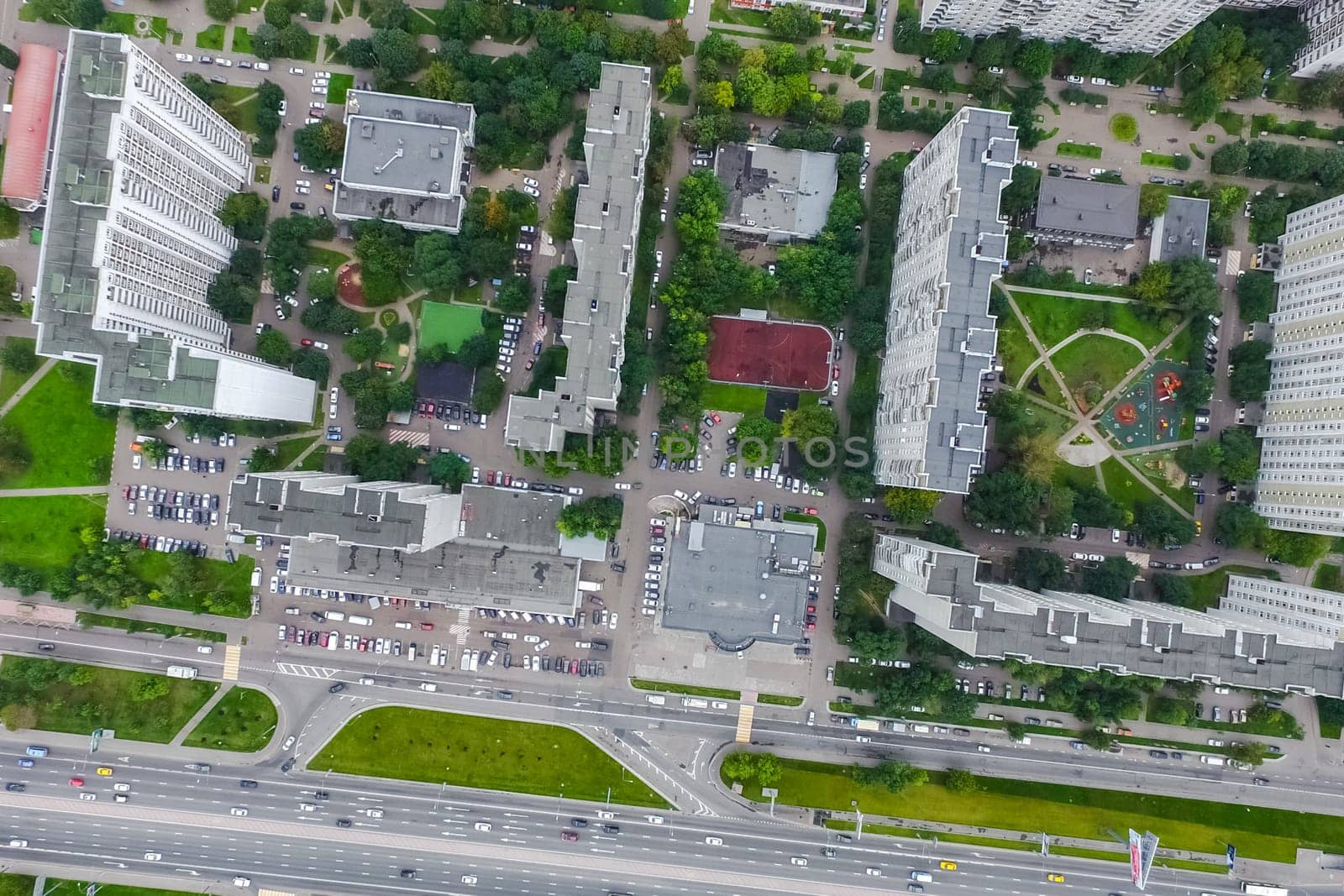 Top view of the city of Moscow, buildings and roads and other infrastructure of the city. Cityscape view from above.