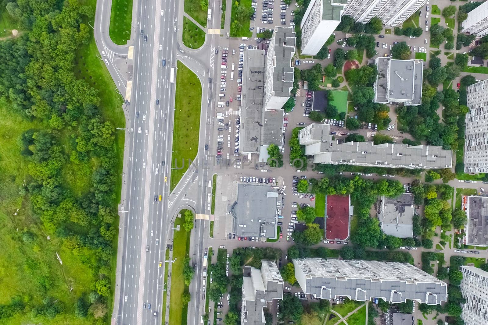 Top view of the city of Moscow, buildings and roads and other infrastructure of the city. Cityscape view from above.