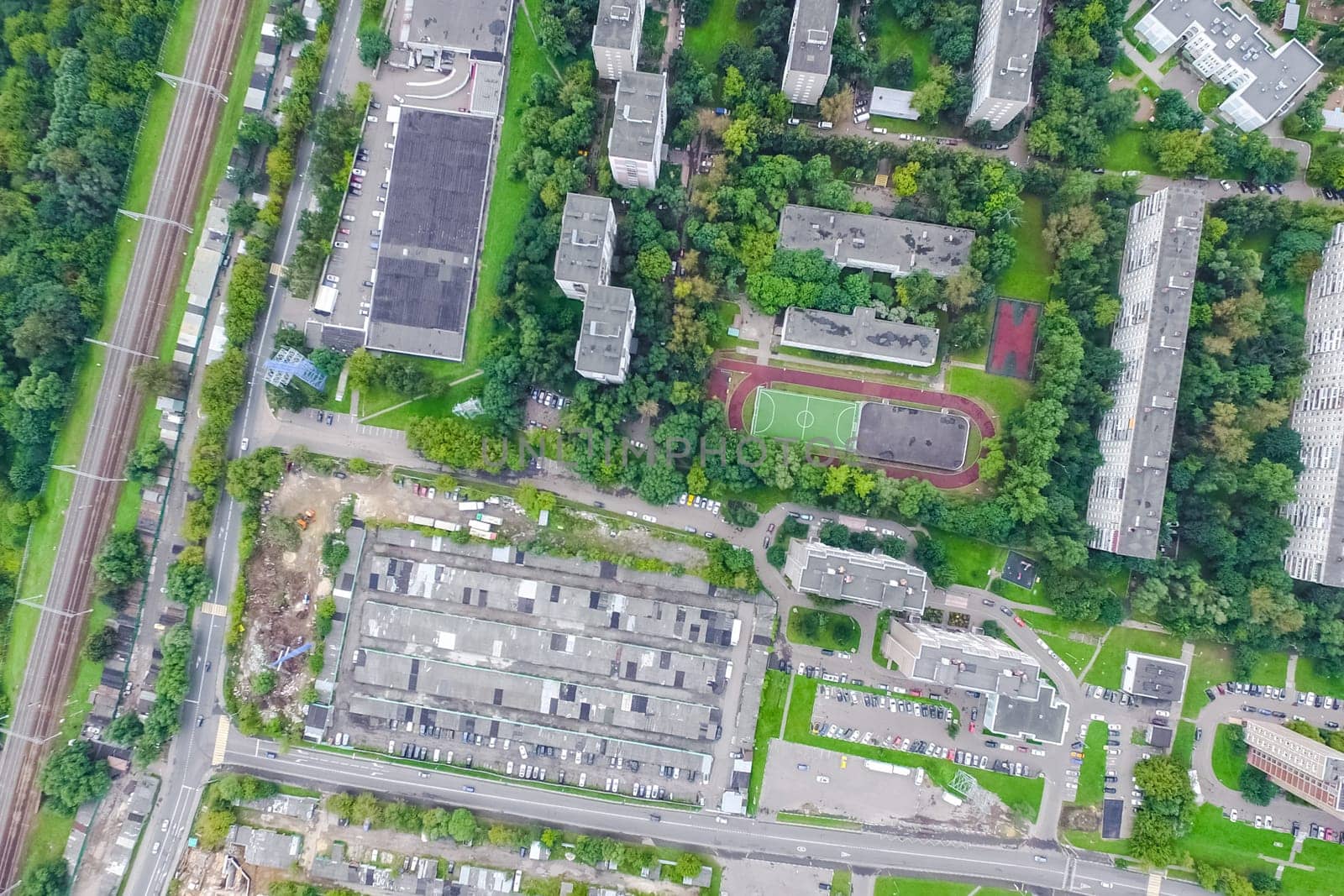 Top view of the city of Moscow, buildings and roads and other infrastructure of the city. Cityscape view from above.