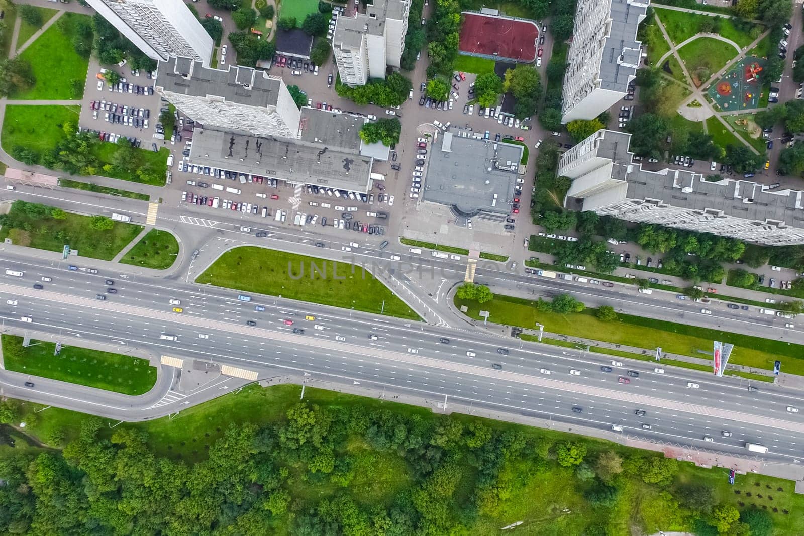 Top view of the city of Moscow, buildings and roads and other infrastructure of the city. Cityscape view from above.