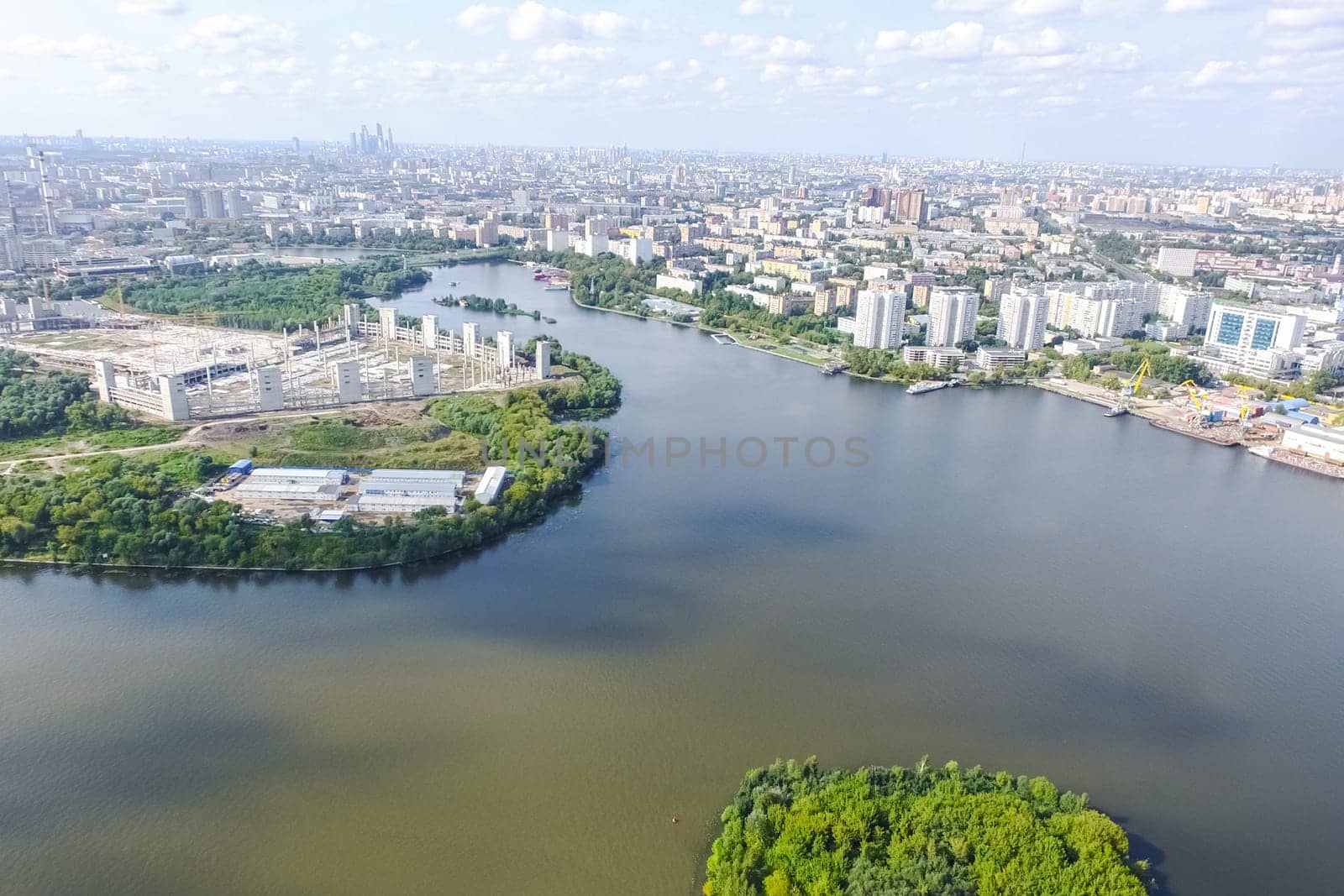 Top view of the city of Moscow, buildings and roads and other infrastructure of the city. Cityscape view from above.