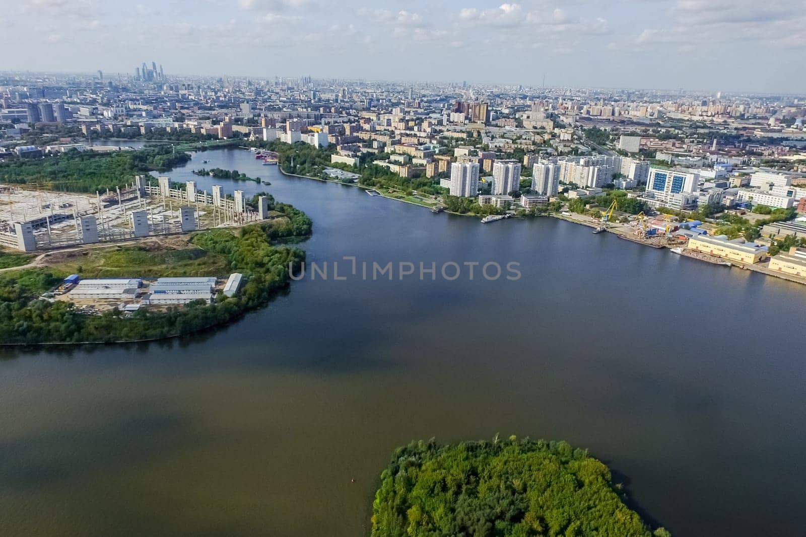 Top view of the city of Moscow, buildings and roads and other infrastructure of the city. Cityscape view from above.