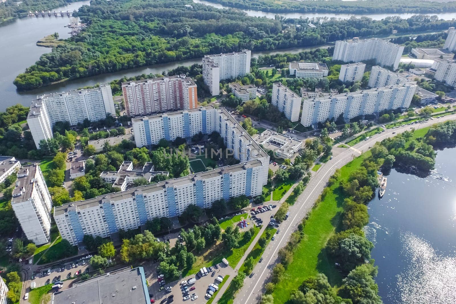 Top view of the city of Moscow, buildings and roads and other infrastructure of the city. Cityscape view from above.