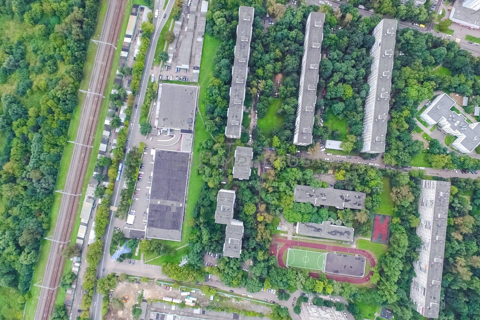 Top view of the city of Moscow, buildings and roads and other infrastructure of the city. Cityscape view from above.