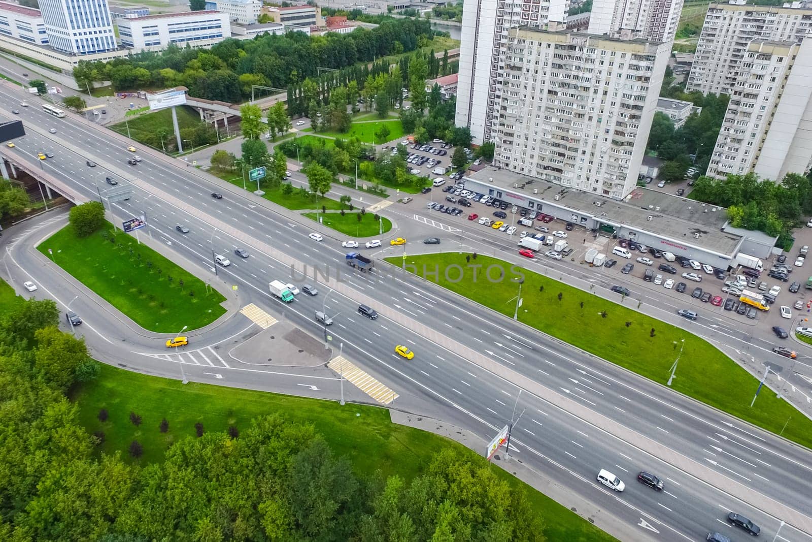 Top view of the city of Moscow, buildings and roads and other infrastructure of the city. Cityscape view from above.