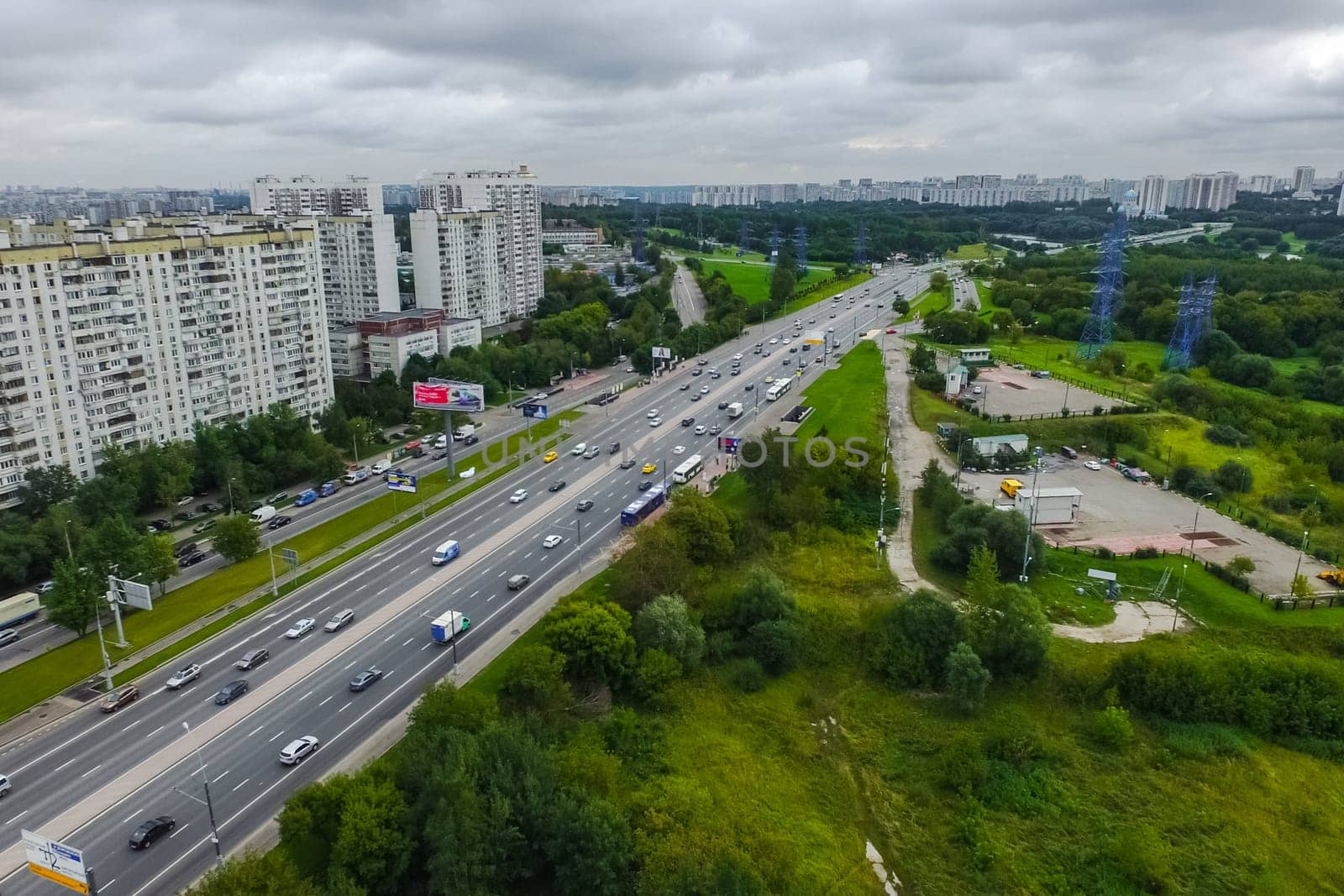 Top view of the city of Moscow, buildings and roads and other infrastructure of the city. Cityscape view from above.