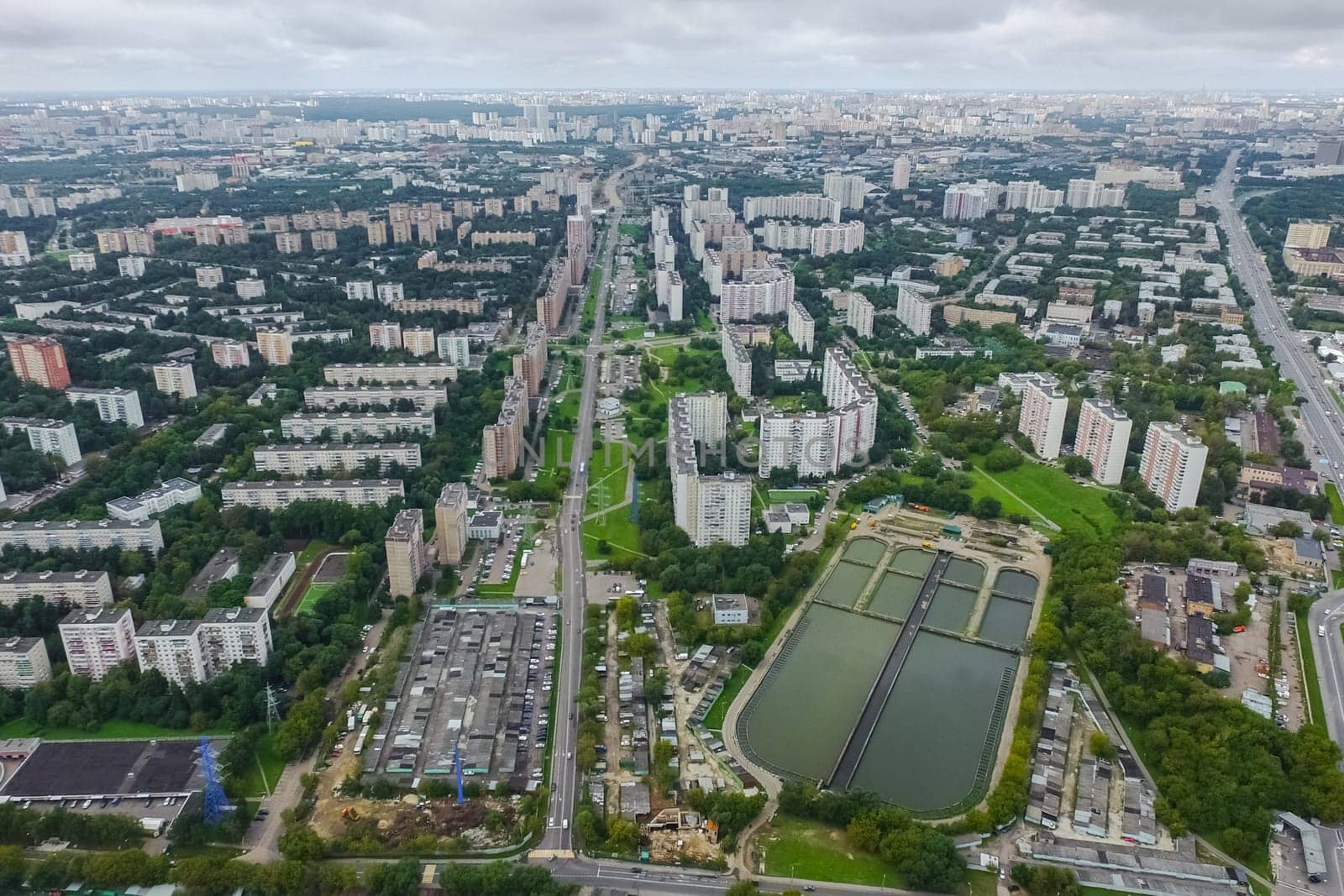 Top view of the city of Moscow, buildings and roads and other infrastructure of the city. Cityscape view from above.
