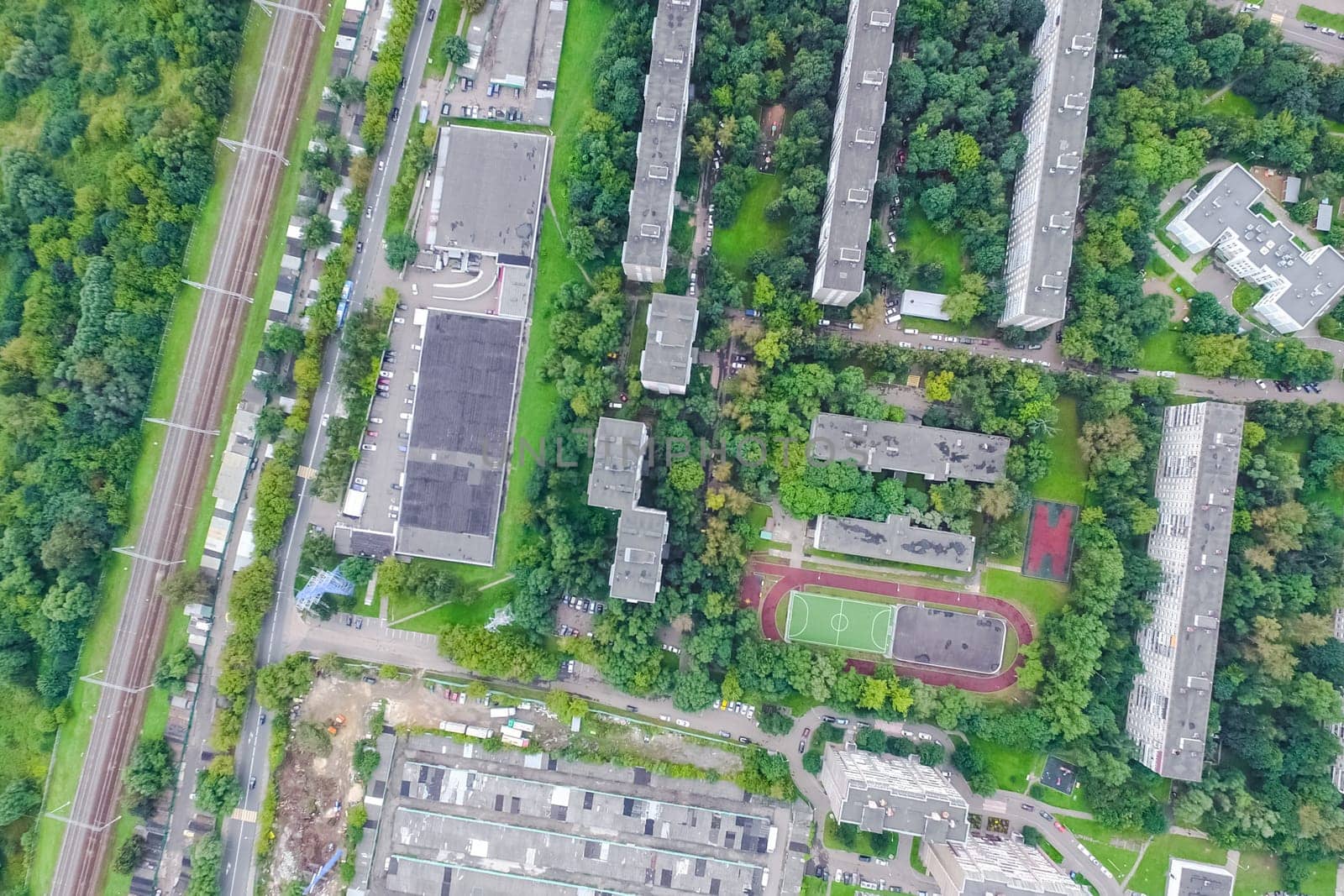 Top view of the city of Moscow, buildings and roads and other infrastructure of the city. Cityscape view from above.
