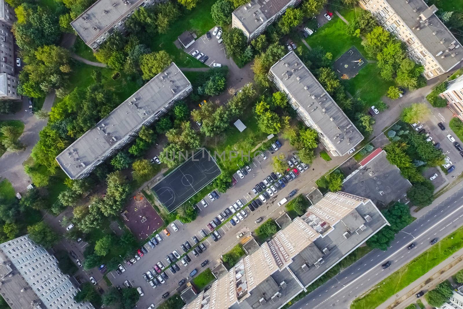 Top view of the city of Moscow, buildings and roads and other infrastructure of the city. Cityscape view from above.