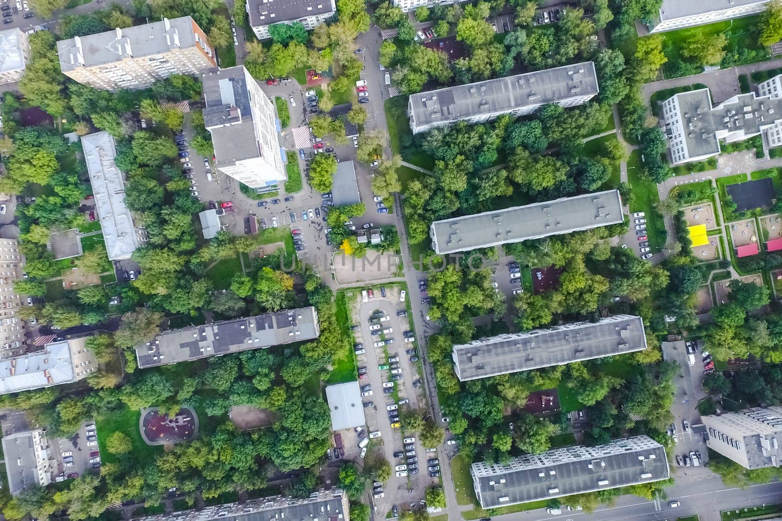 Top view of the city of Moscow, buildings and roads and other infrastructure of the city. Cityscape view from above.