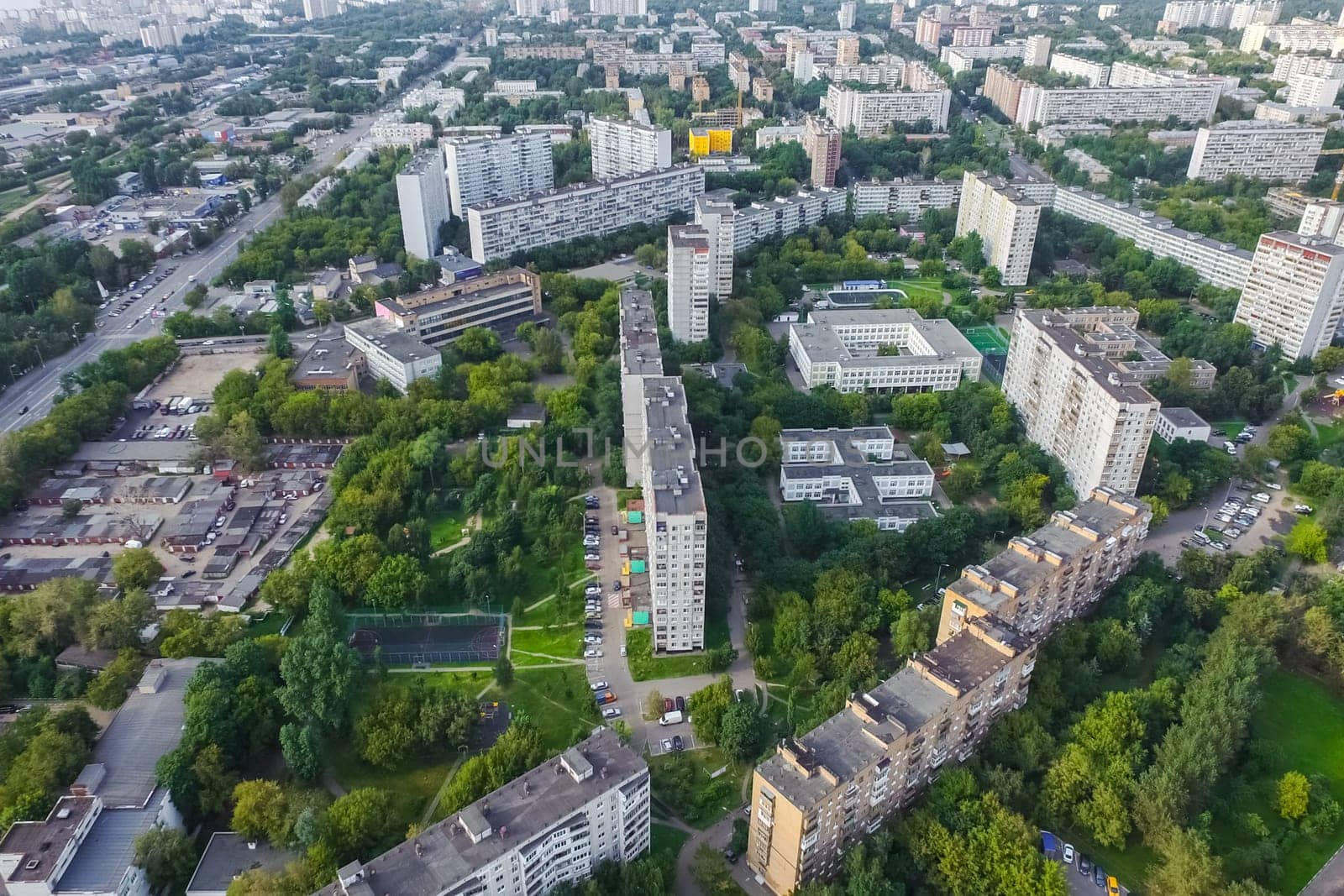 Top view of the city of Moscow, buildings and roads and other infrastructure of the city. Cityscape view from above.