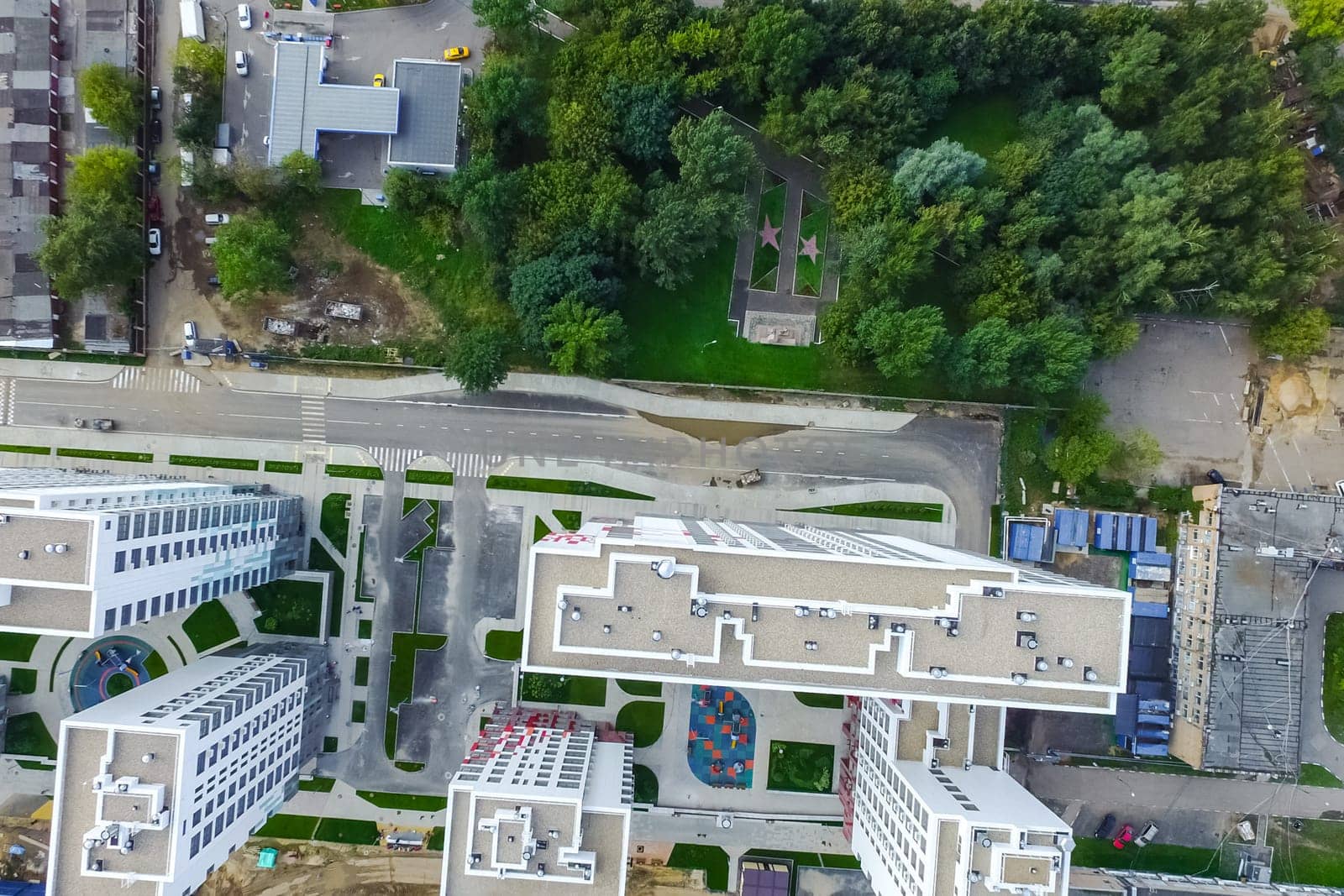 Top view of the city of Moscow, buildings and roads and other infrastructure of the city. Cityscape view from above.