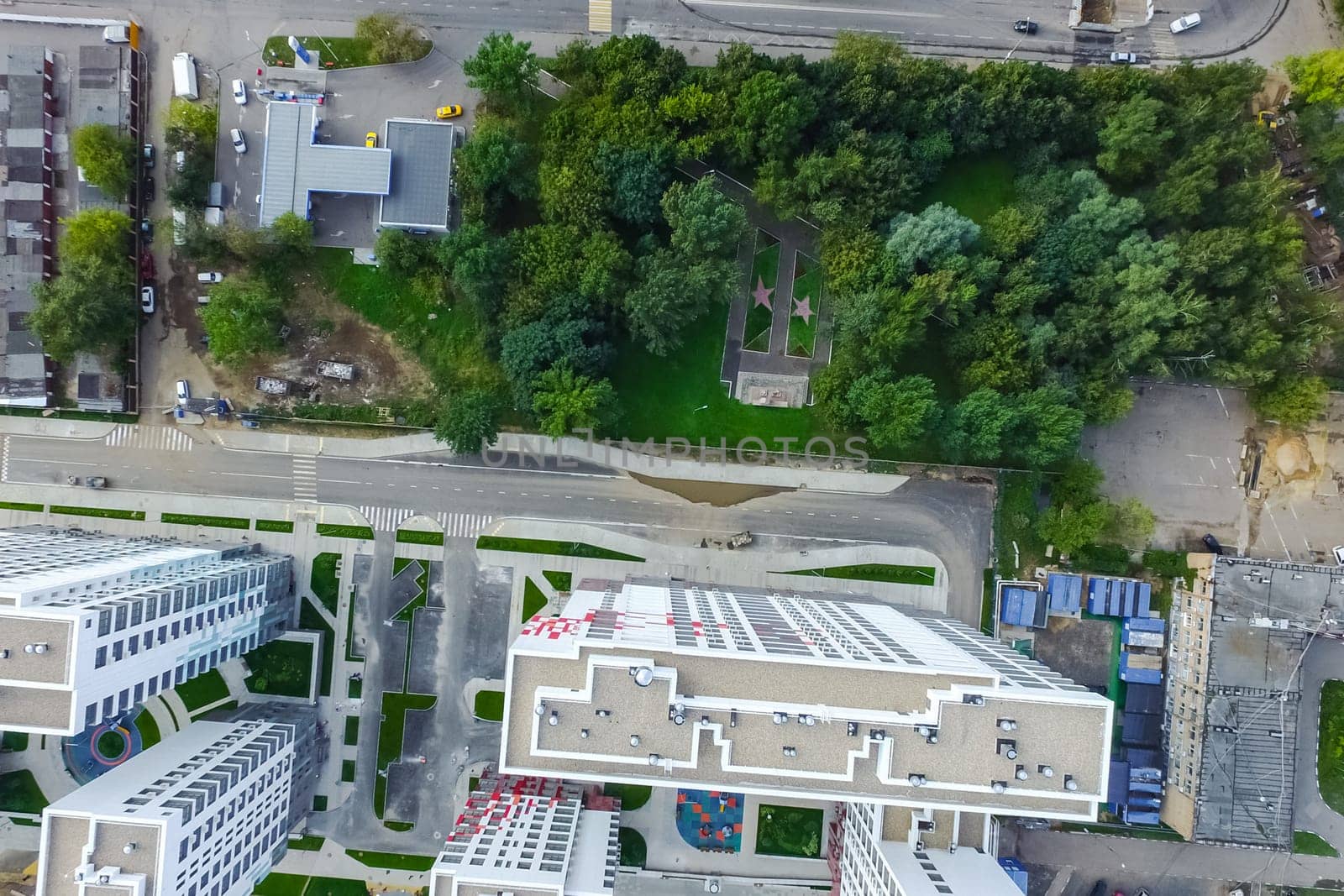 Top view of the city of Moscow, buildings and roads and other infrastructure of the city. Cityscape view from above.