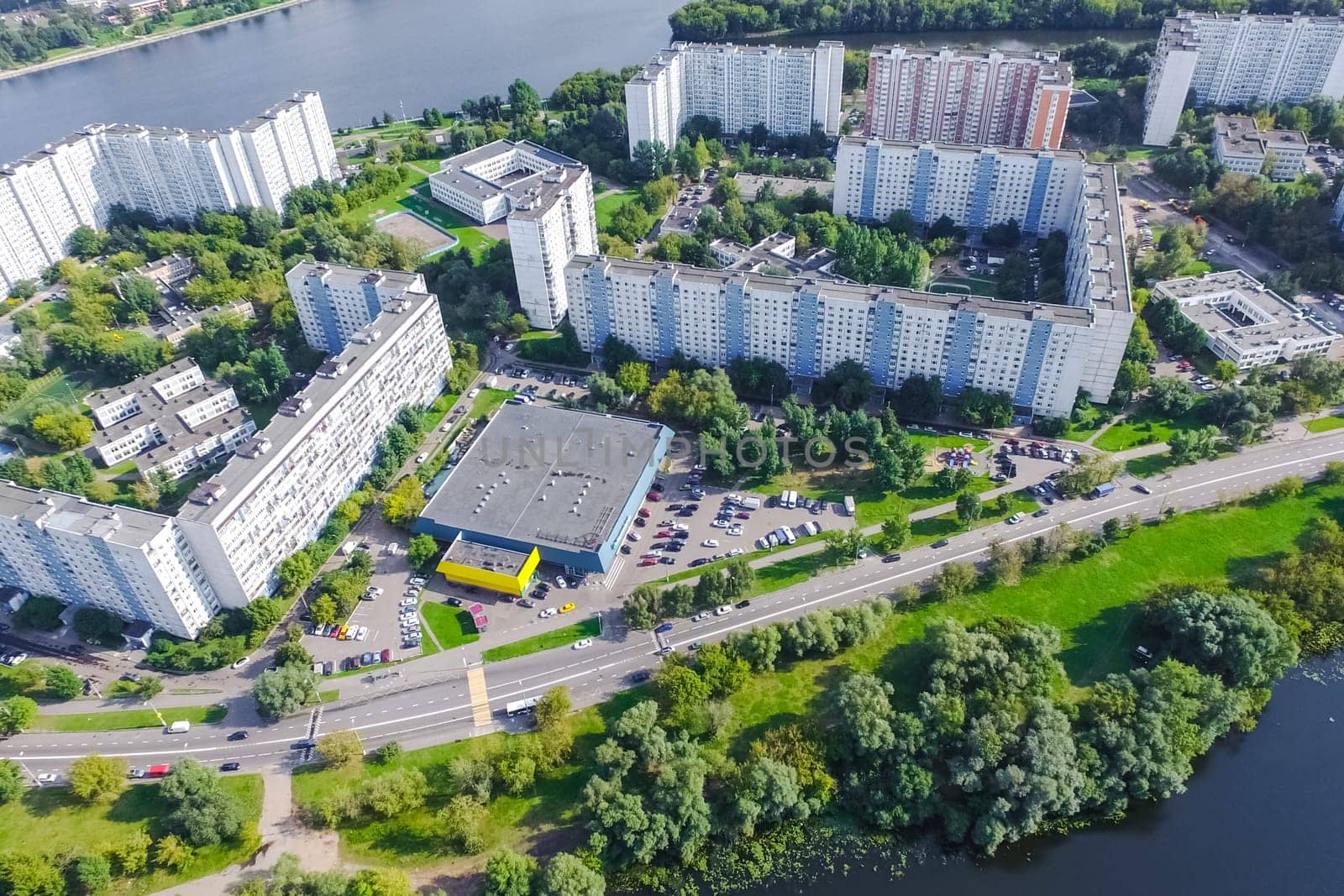 Top view of the city of Moscow, buildings and roads and other infrastructure of the city. Cityscape view from above.
