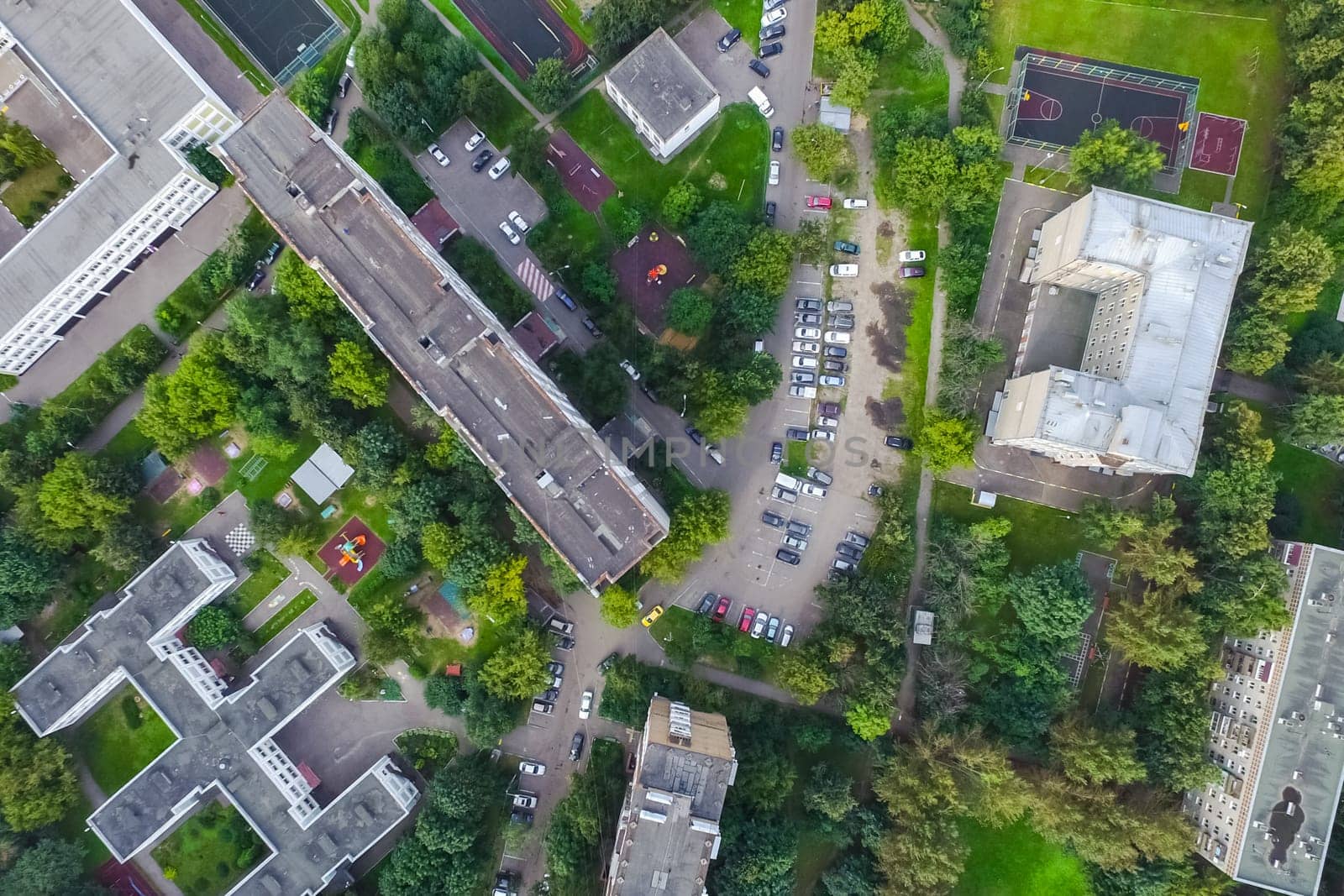 Top view of the city of Moscow, buildings and roads and other infrastructure of the city. Cityscape view from above.