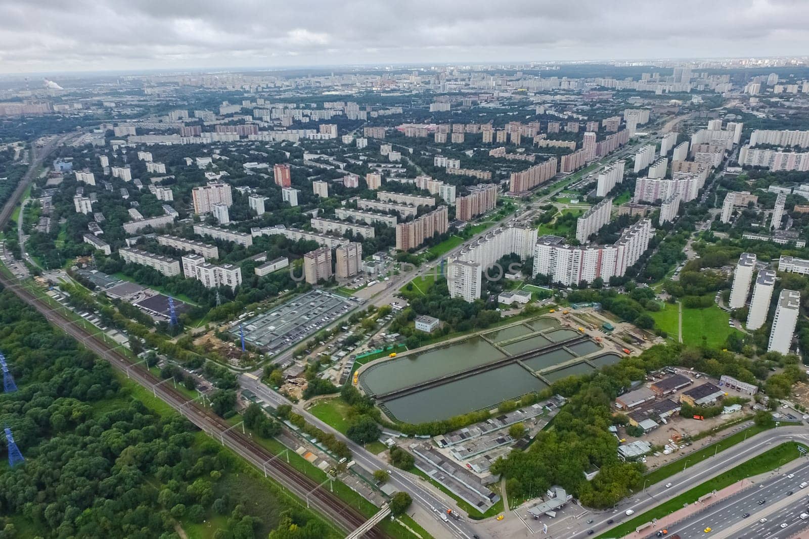 Top view of the city of Moscow, buildings and roads and other infrastructure of the city. Cityscape view from above.