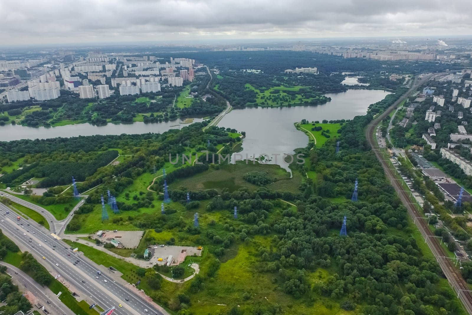 Top view of the city of Moscow, buildings and roads and other infrastructure of the city. Cityscape view from above.