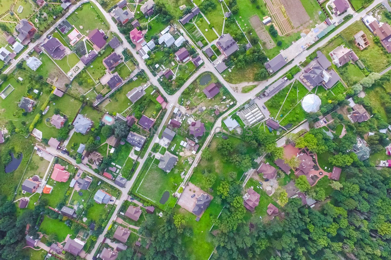 Top view of the village, fields and forests near the village