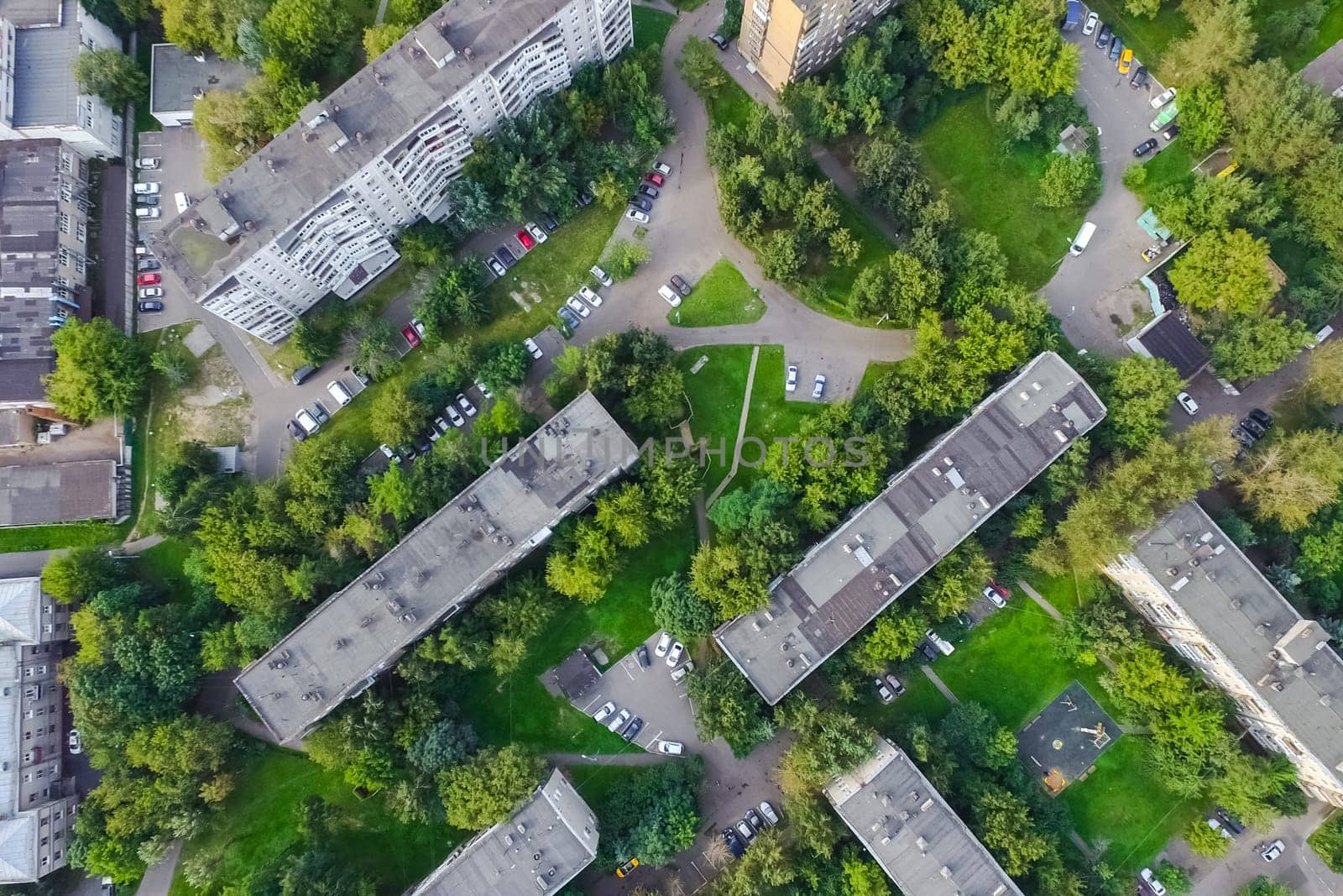 Top view of the city of Moscow, buildings and roads and other infrastructure of the city. Cityscape view from above.