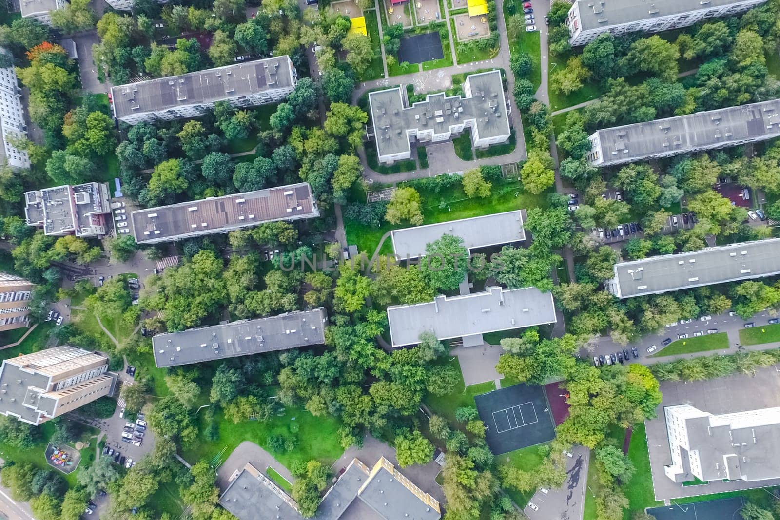 Top view of the city of Moscow, buildings and roads and other infrastructure of the city. Cityscape view from above.