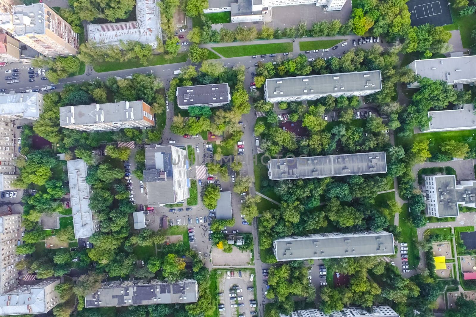 Top view of the city of Moscow, buildings and roads and other infrastructure of the city. Cityscape view from above.