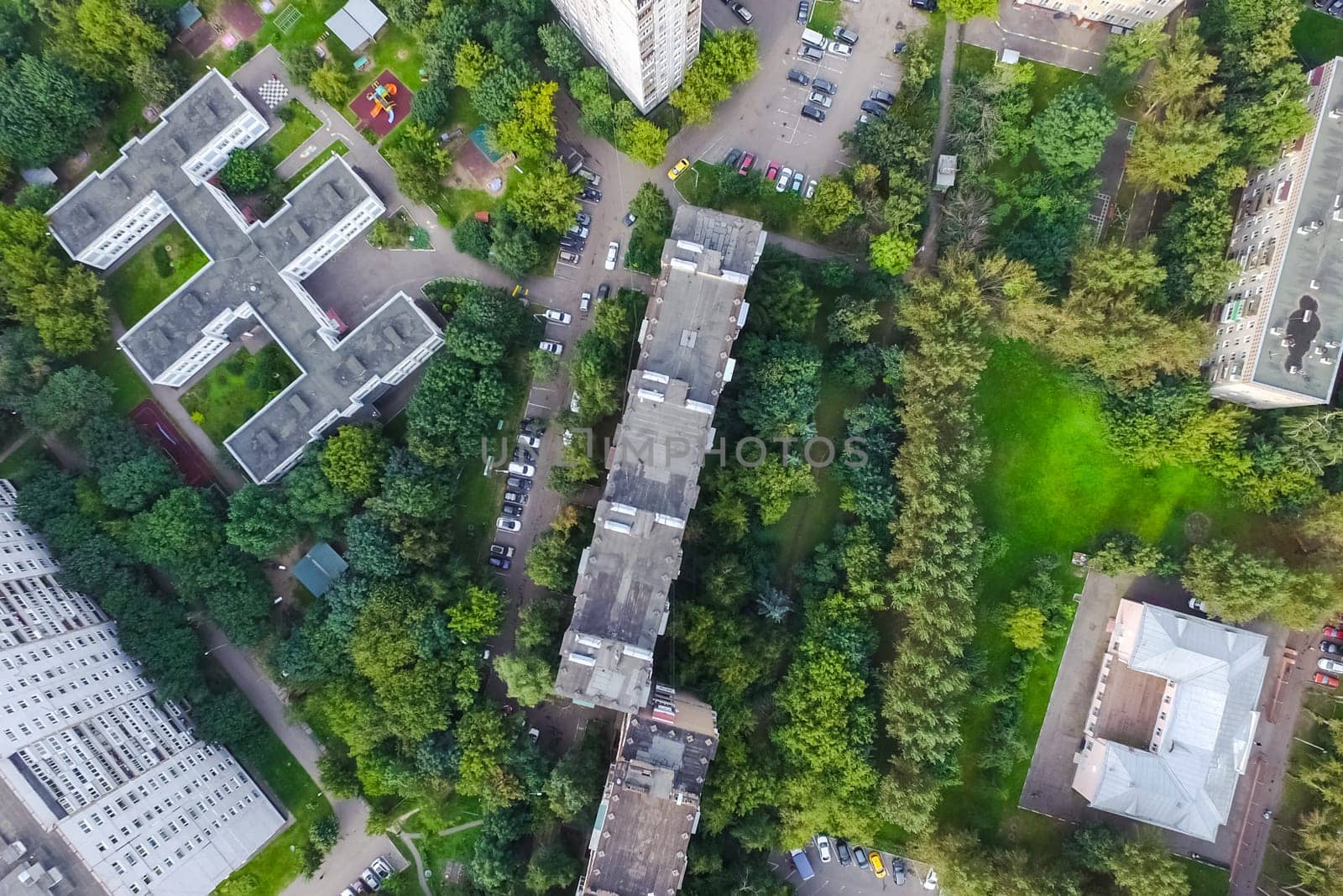 Top view of the city of Moscow, buildings and roads and other infrastructure of the city. Cityscape view from above.