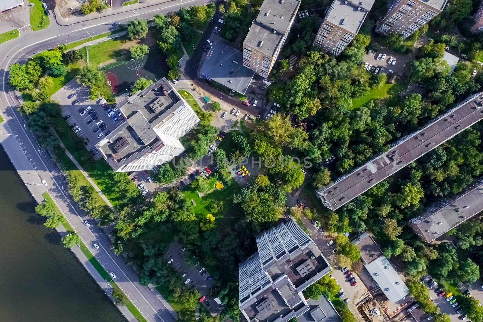 Top view of the city of Moscow, buildings and roads and other infrastructure of the city. Cityscape view from above.