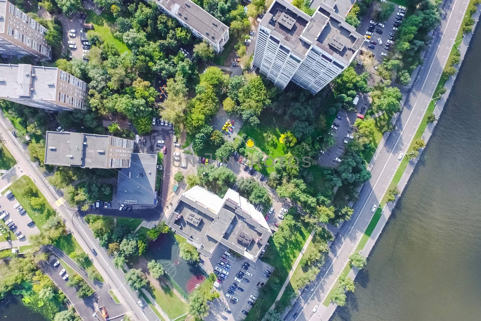 Top view of the city of Moscow, buildings and roads and other infrastructure of the city. Cityscape view from above.