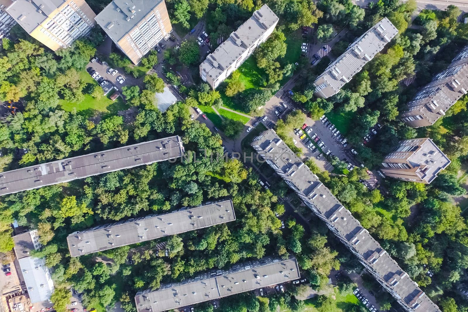 Top view of the city of Moscow, buildings and roads and other infrastructure of the city. Cityscape view from above.
