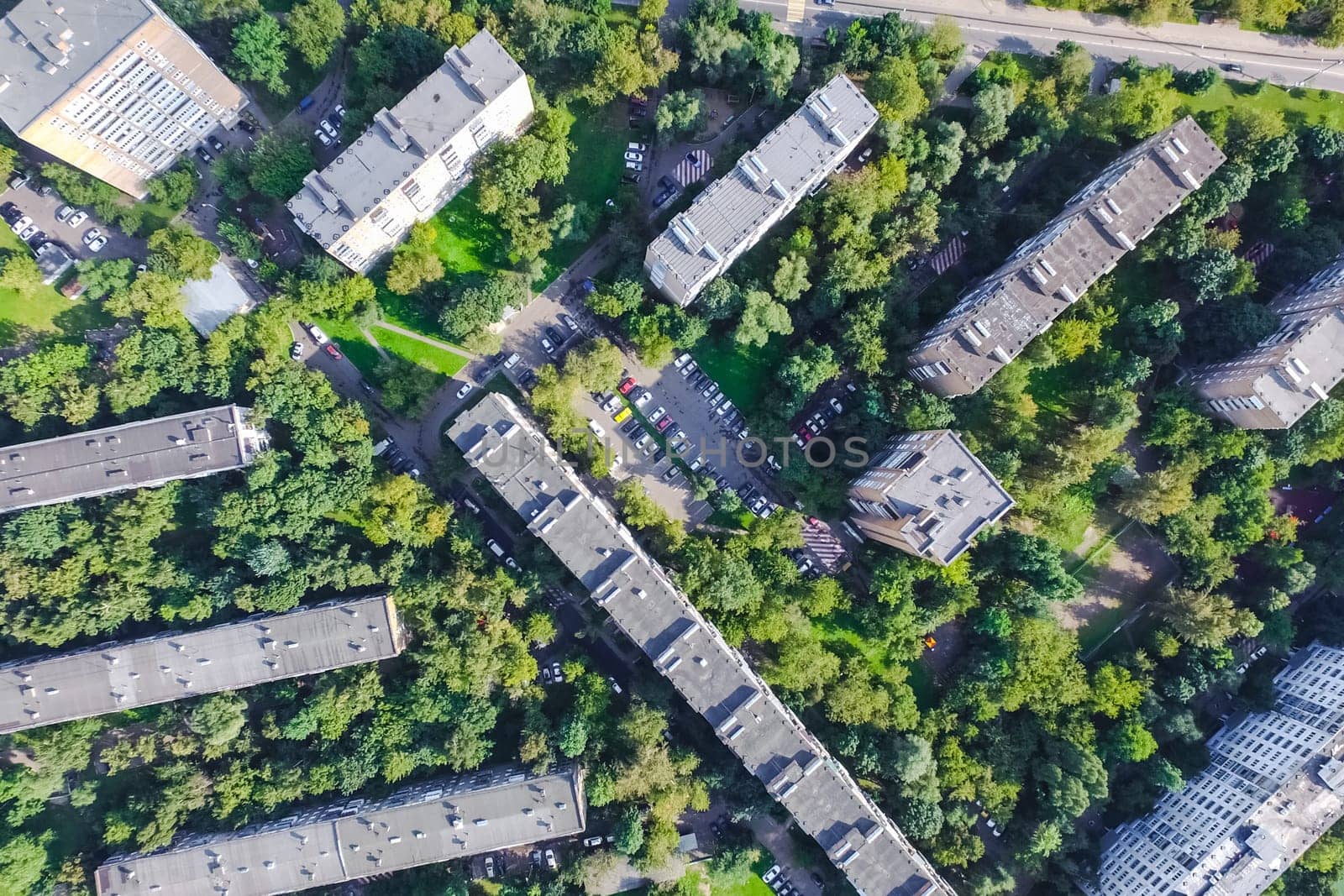 Top view of the city of Moscow, buildings and roads and other infrastructure of the city. Cityscape view from above.