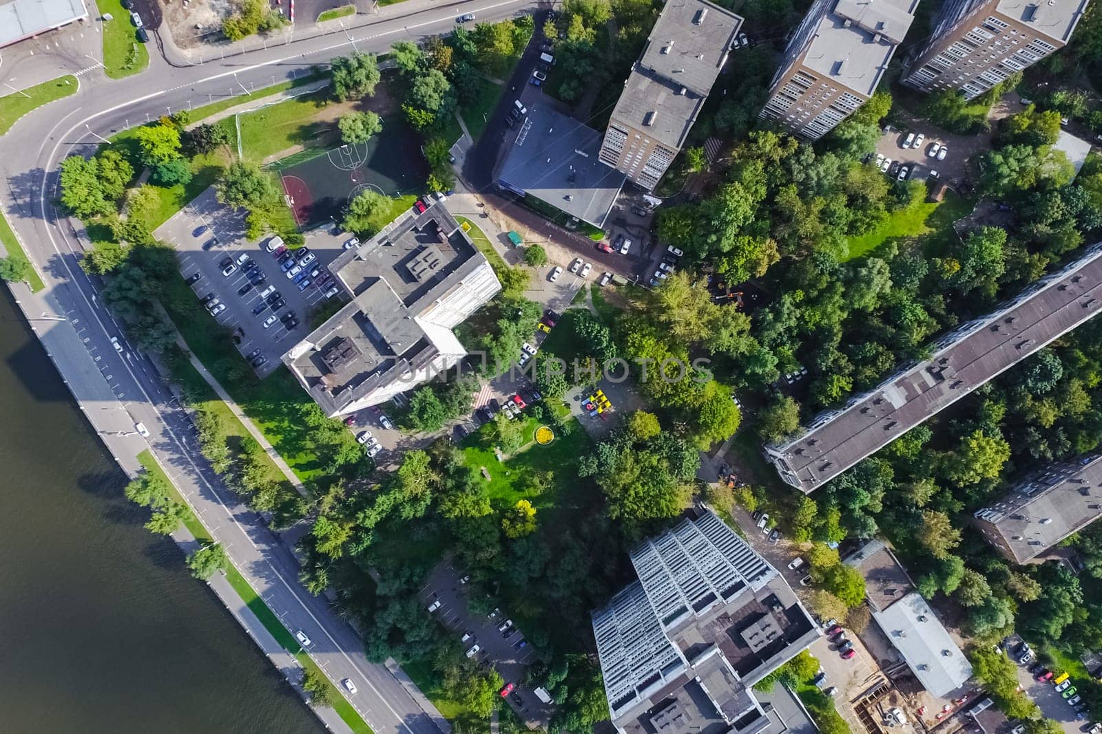 Top view of the city of Moscow, buildings and roads and other infrastructure of the city. Cityscape view from above.