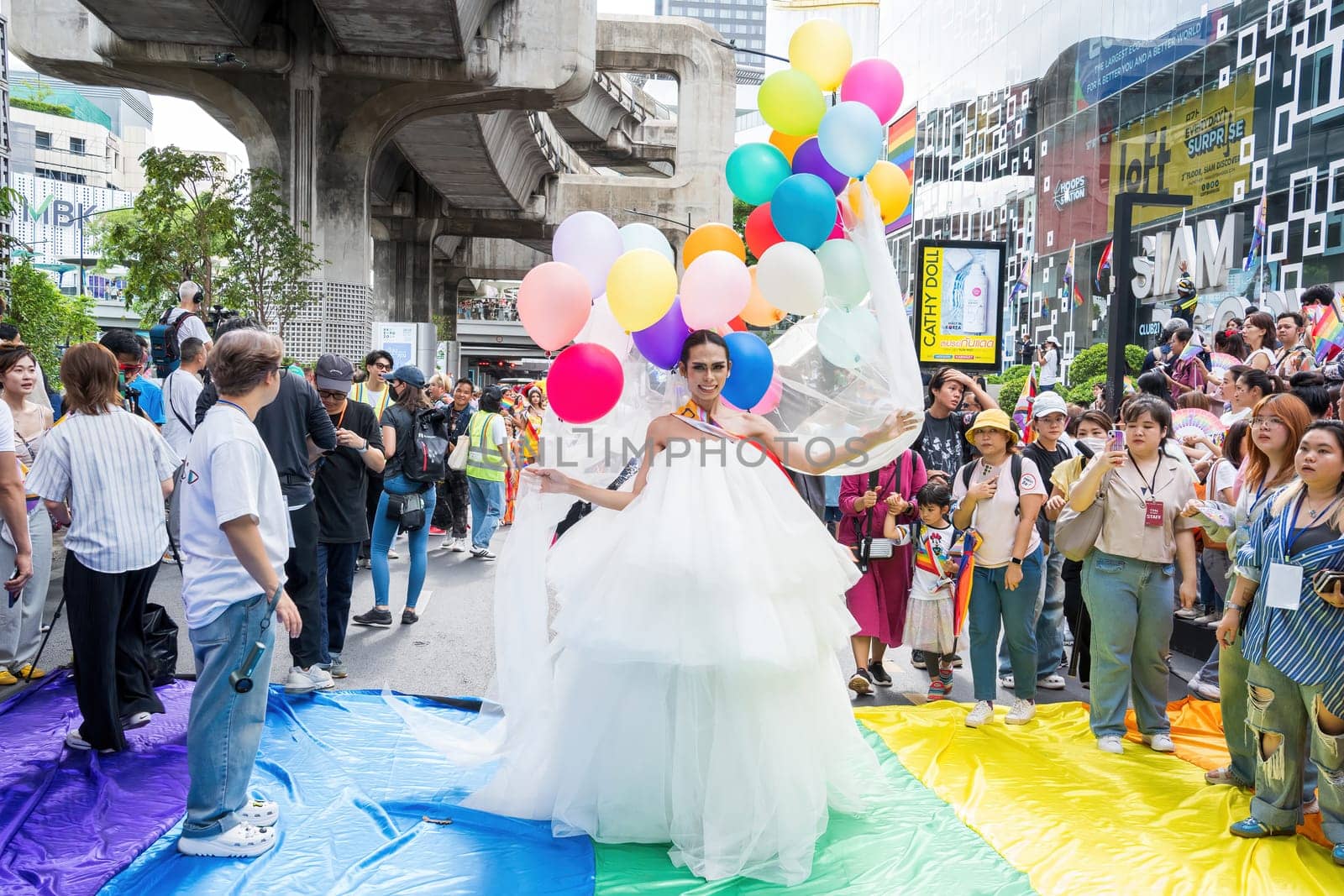 Bangkok, Thailand - JUN 1, 2024 Bangkok Pride Festival 2024, The short action and atmosphere of people joins celebrations in the event in Siam Square Bangkok, Thailand. Gender diversity There is no division of age, race or religion.