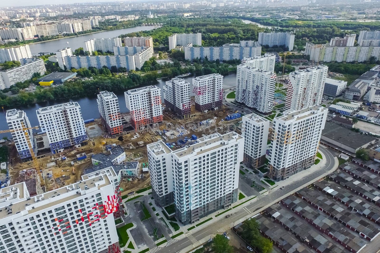 Top view of the city of Moscow, buildings and roads and other infrastructure of the city. Cityscape view from above.