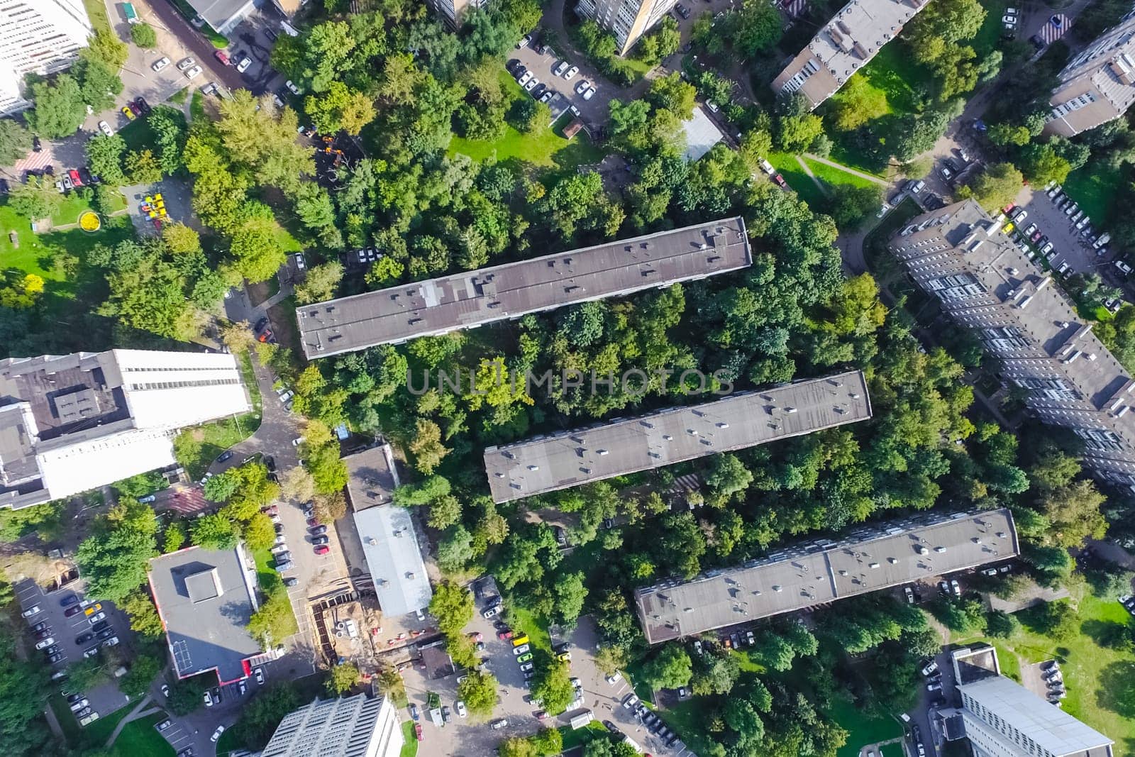 Top view of the city of Moscow, buildings and roads and other infrastructure of the city. Cityscape view from above.