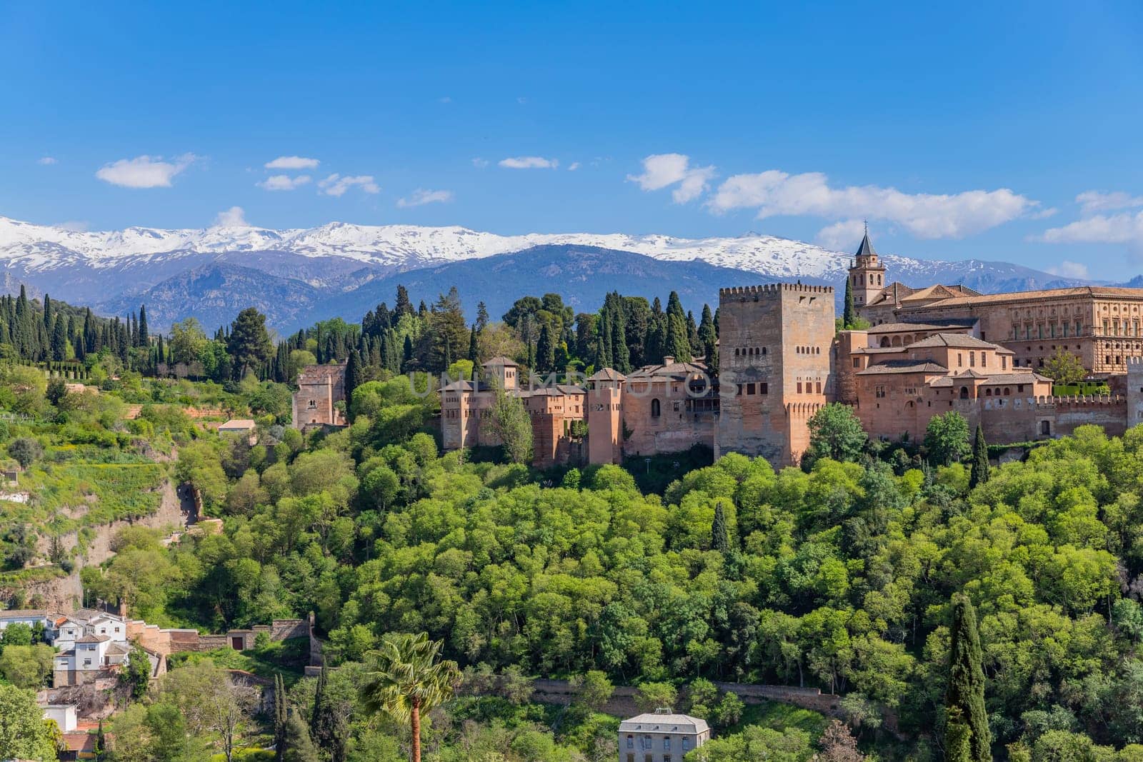 Alhambra palace with the Sierra Nevada in the background, Granada, Andalusia, Spain
