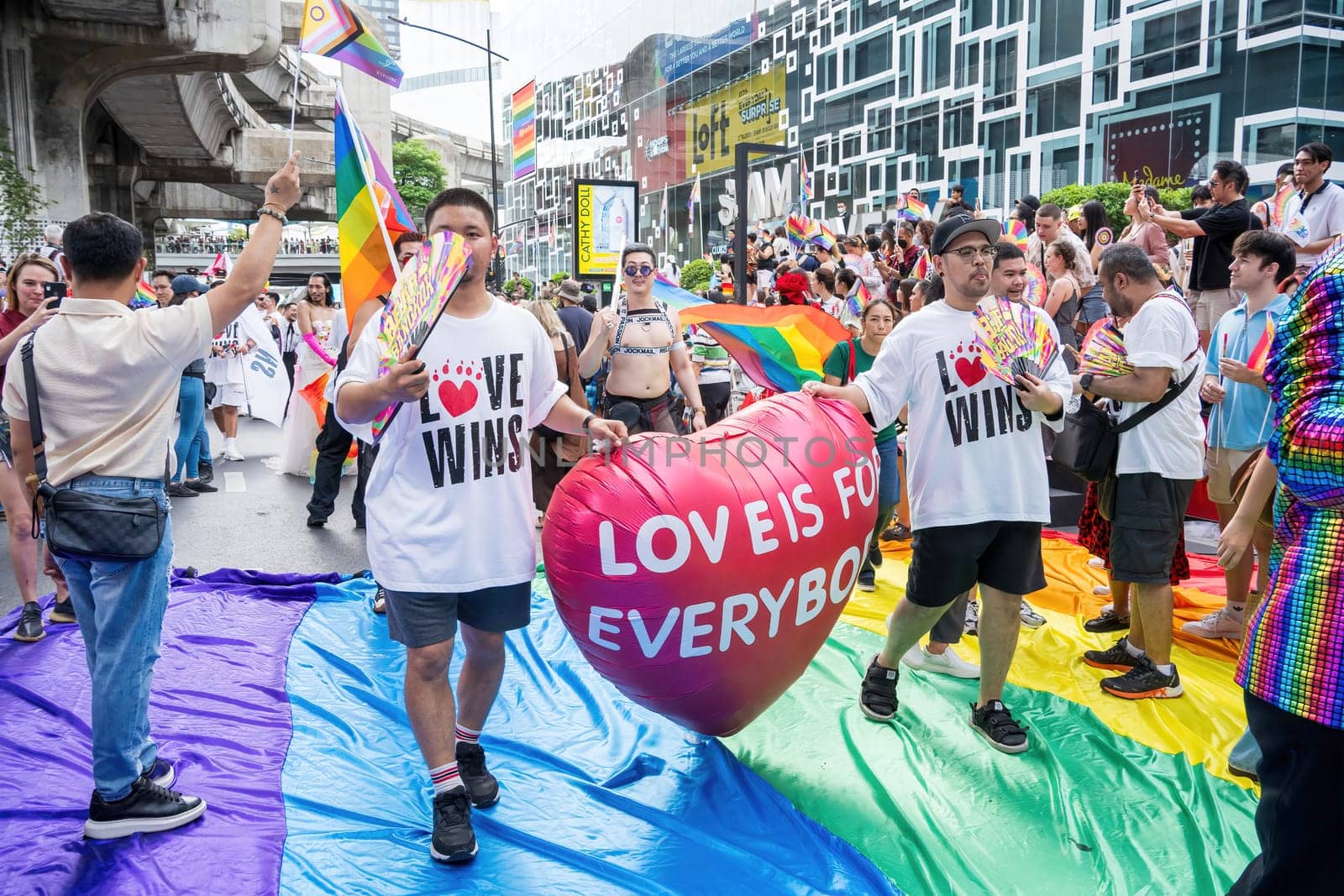 Bangkok, Thailand - JUN 1, 2024 Bangkok Pride Festival 2024, The short action and atmosphere of people joins celebrations in the event in Siam Square Bangkok, Thailand. Gender diversity There is no division of age, race or religion.