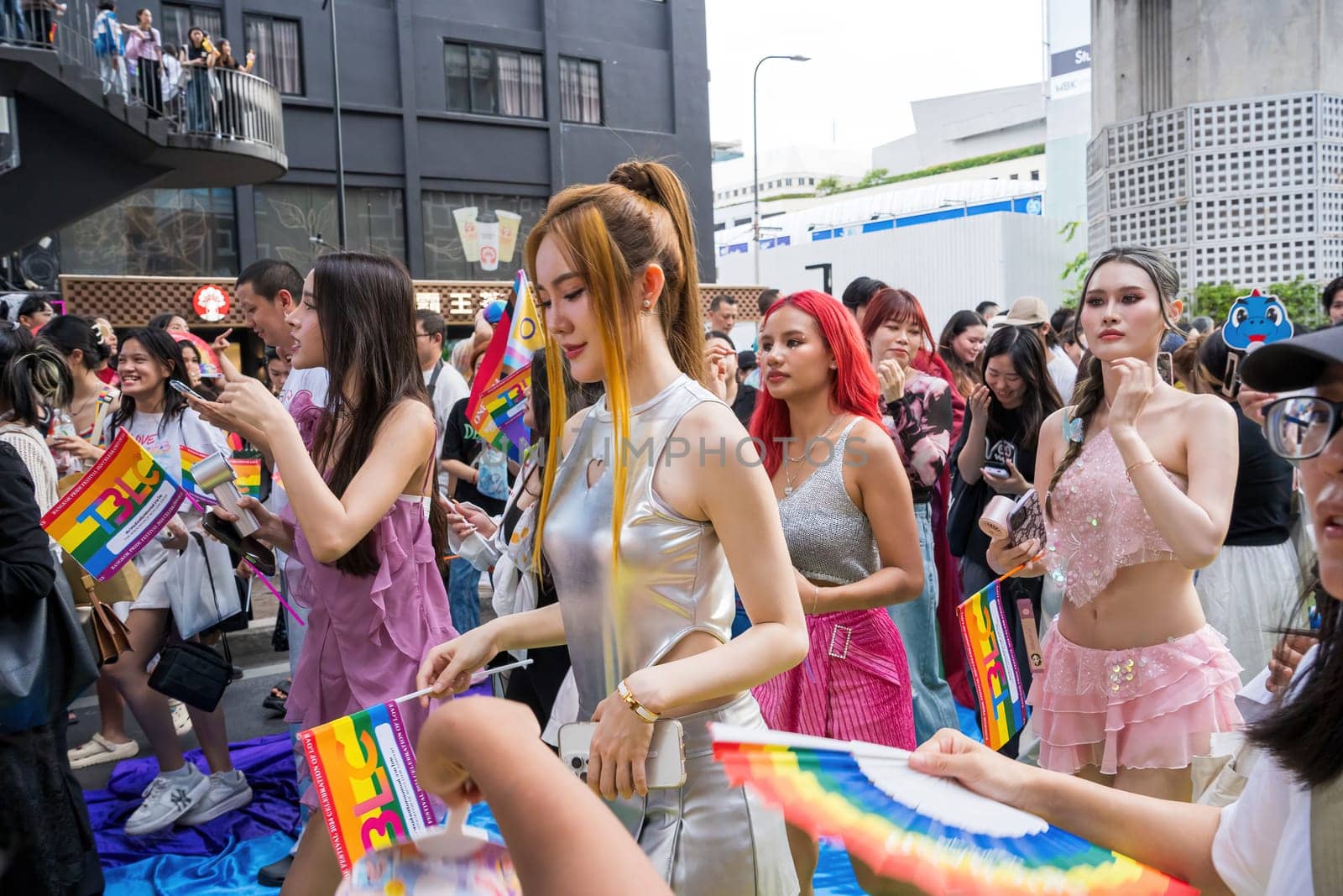 Bangkok, Thailand - JUN 1, 2024 Bangkok Pride Festival 2024, The short action and atmosphere of people joins celebrations in the event in Siam Square Bangkok, Thailand. Gender diversity There is no division of age, race or religion.