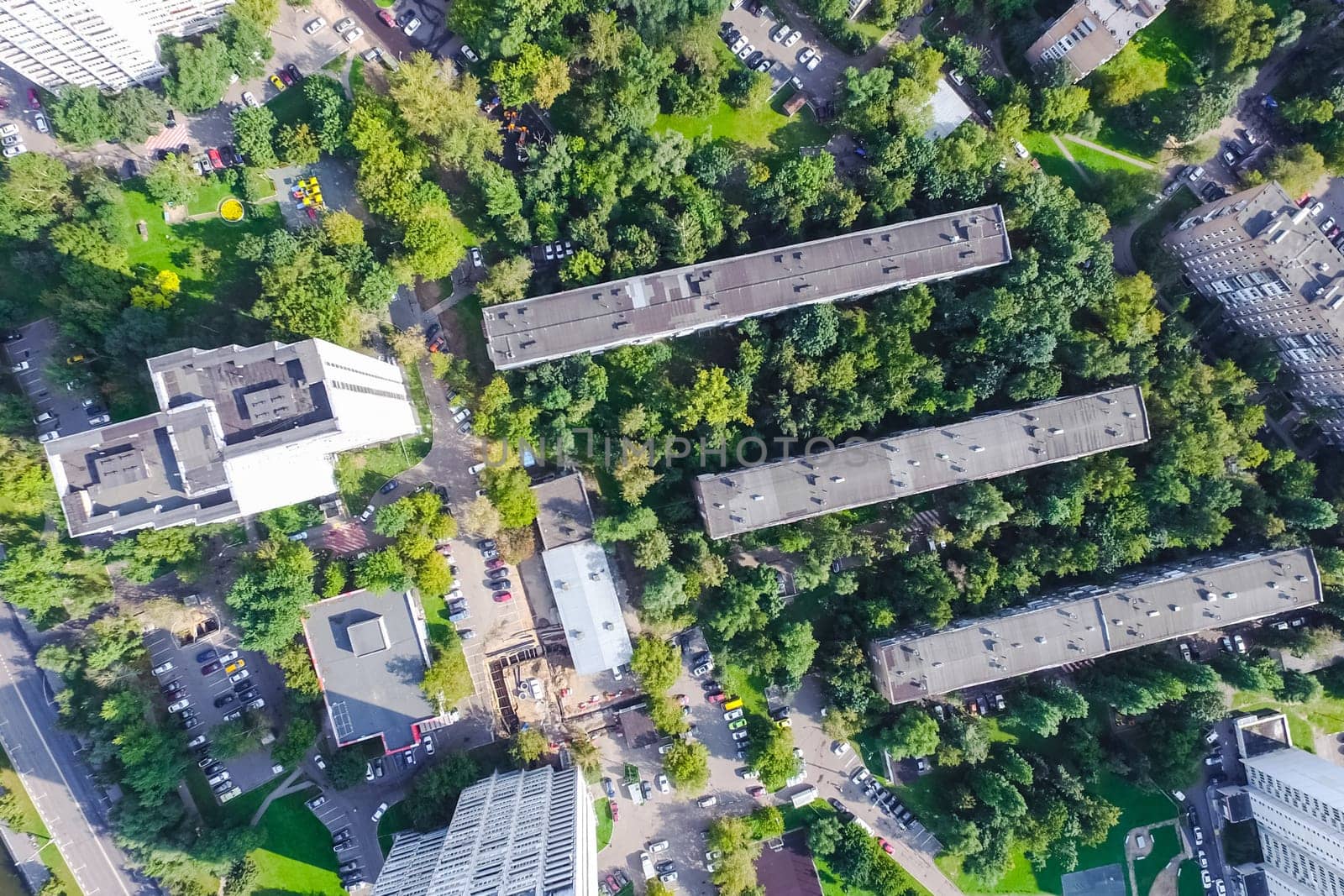 Top view of the city of Moscow, buildings and roads and other infrastructure of the city. Cityscape view from above.