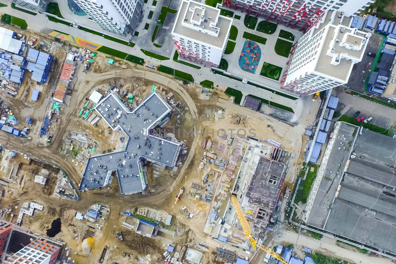 Top view of the city of Moscow, buildings and roads and other infrastructure of the city. Cityscape view from above.