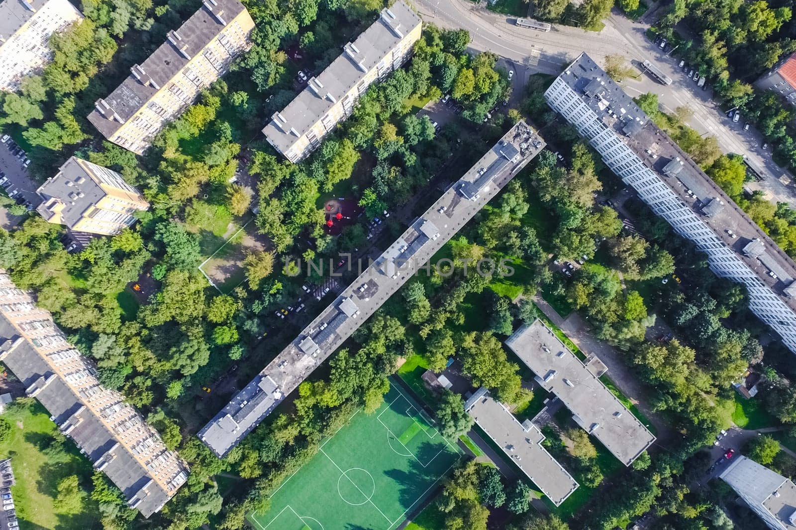 Top view of the city of Moscow, buildings and roads and other infrastructure of the city. Cityscape view from above.