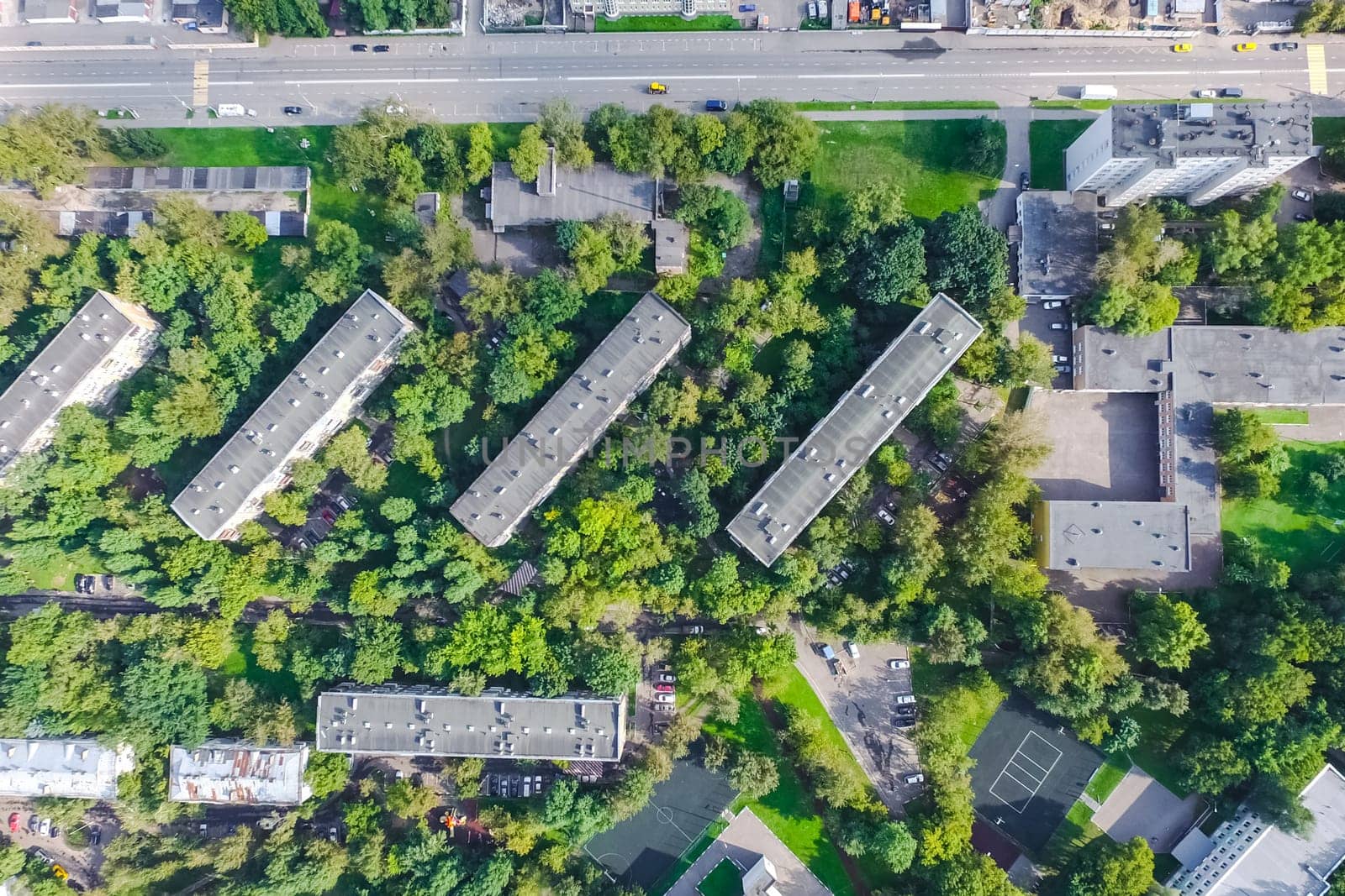 Top view of the city of Moscow, buildings and roads and other infrastructure of the city. Cityscape view from above.
