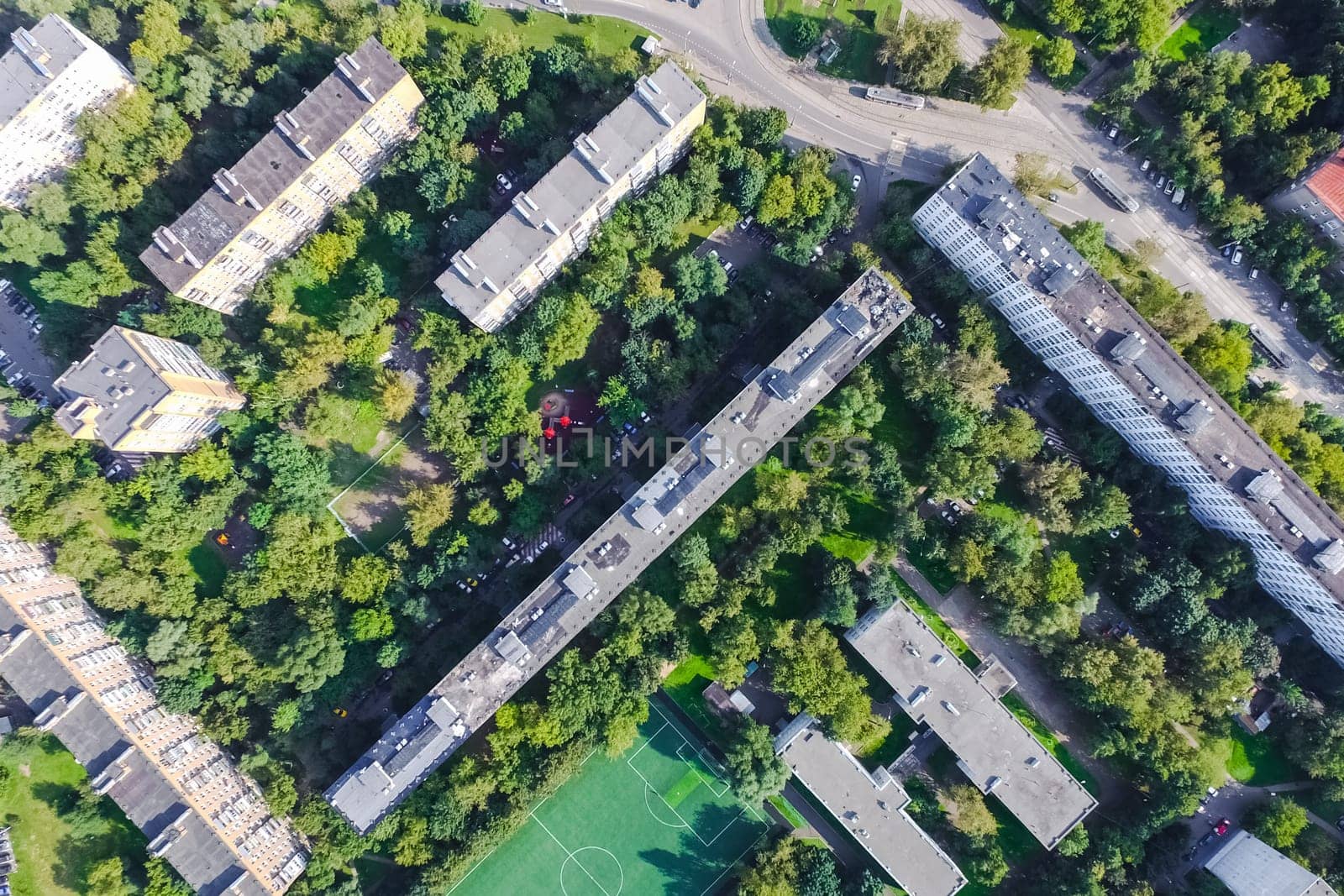 Top view of the city of Moscow, buildings and roads and other infrastructure of the city. Cityscape view from above.